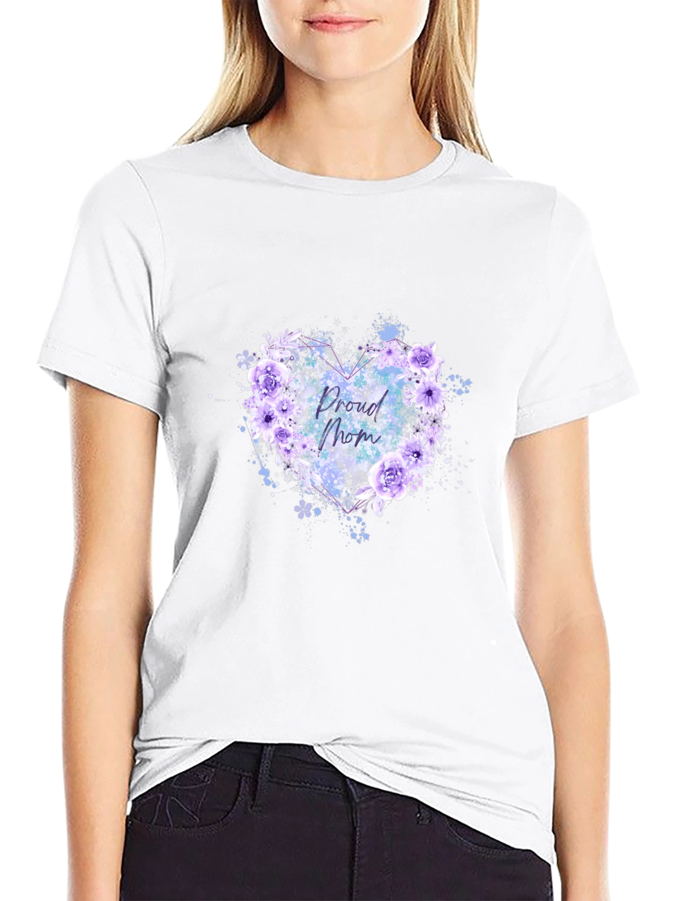 Proud Mom Floral Heart Black T-Shirt