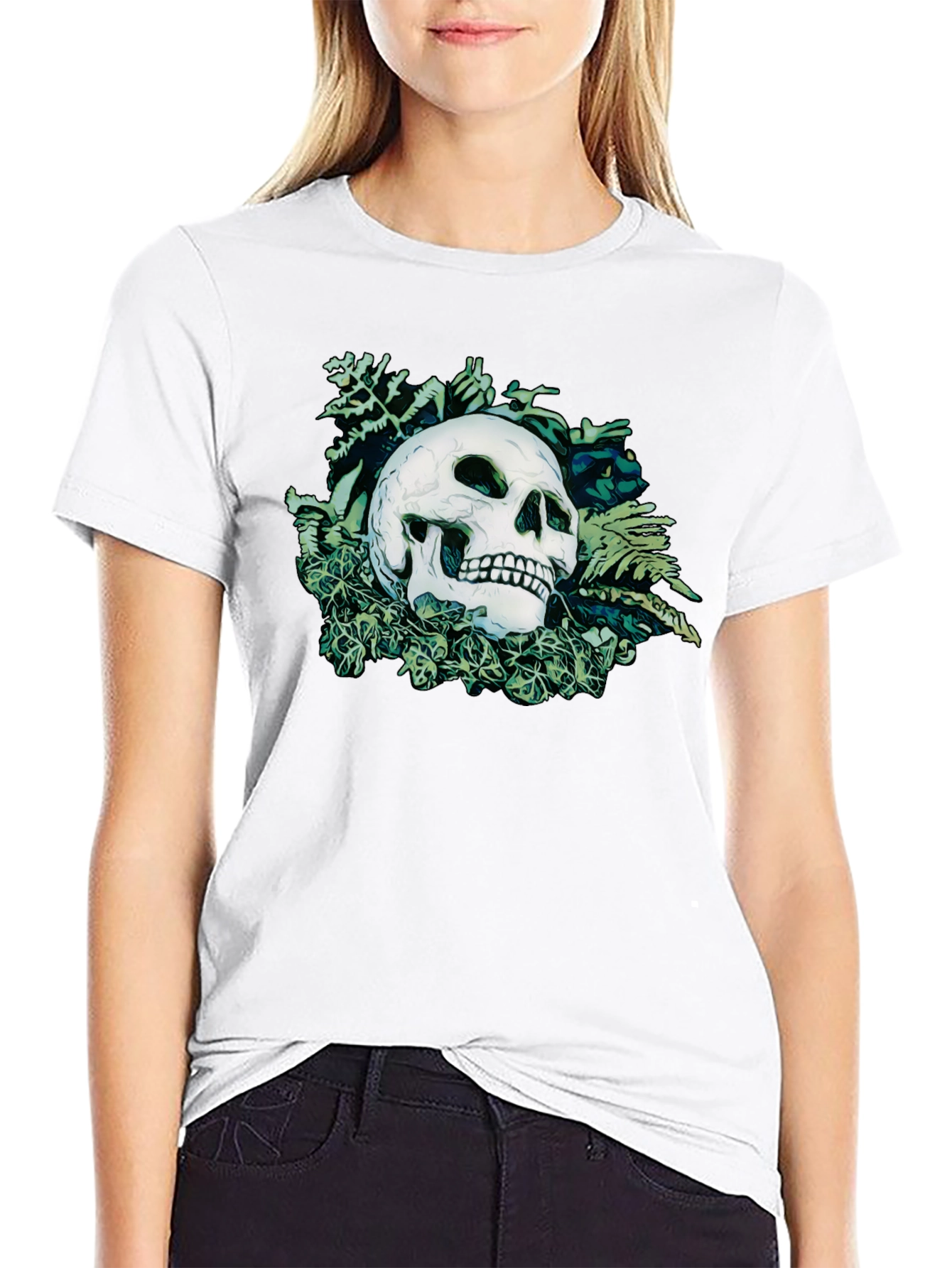 Skull and Botanical Print Black T-Shirt