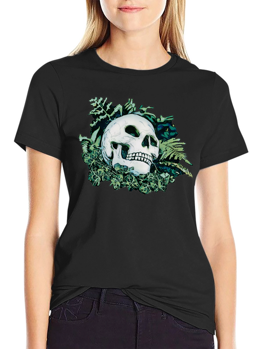 Skull and Botanical Print Black T-Shirt