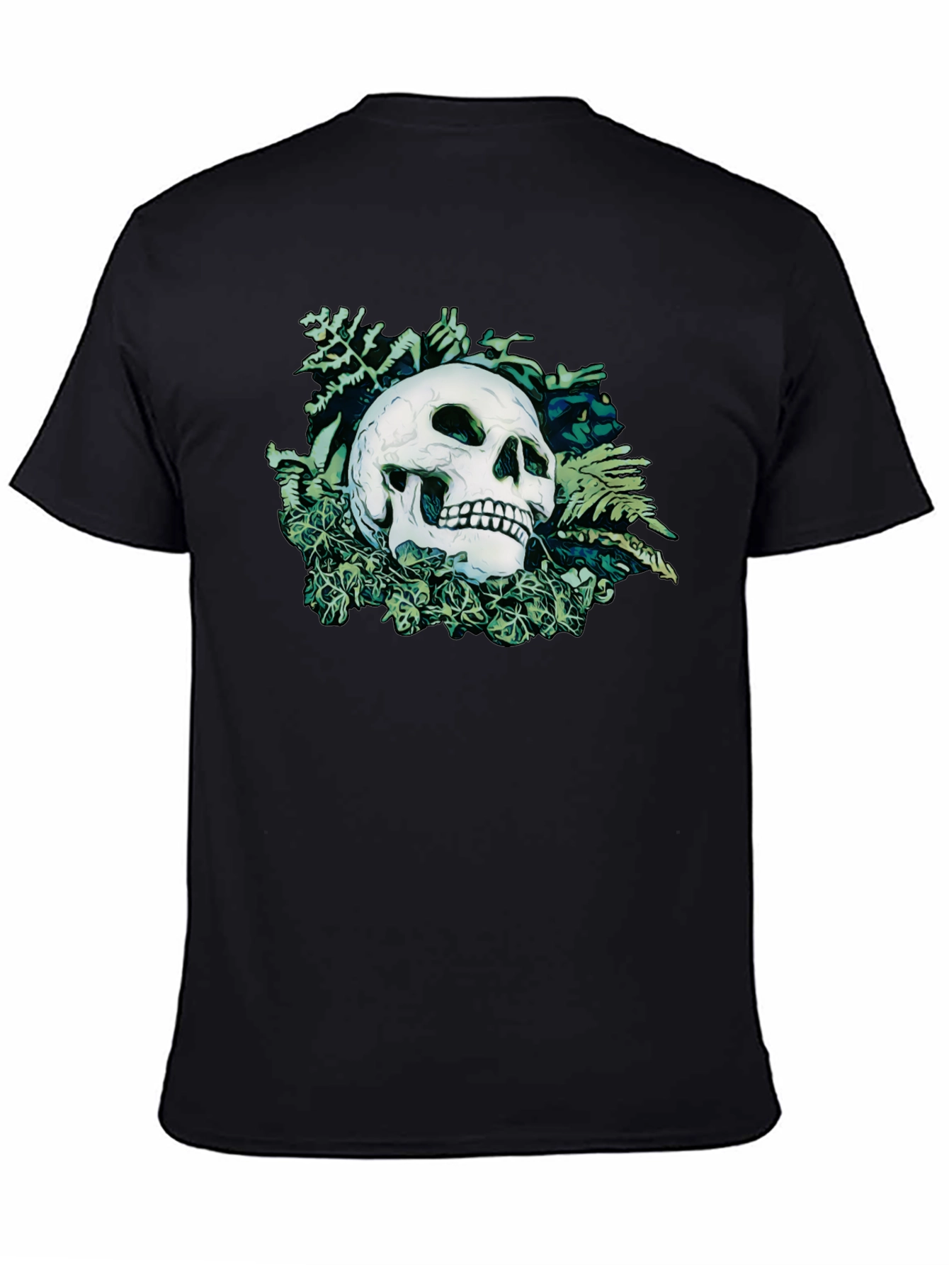 Skull and Botanical Print Black T-Shirt