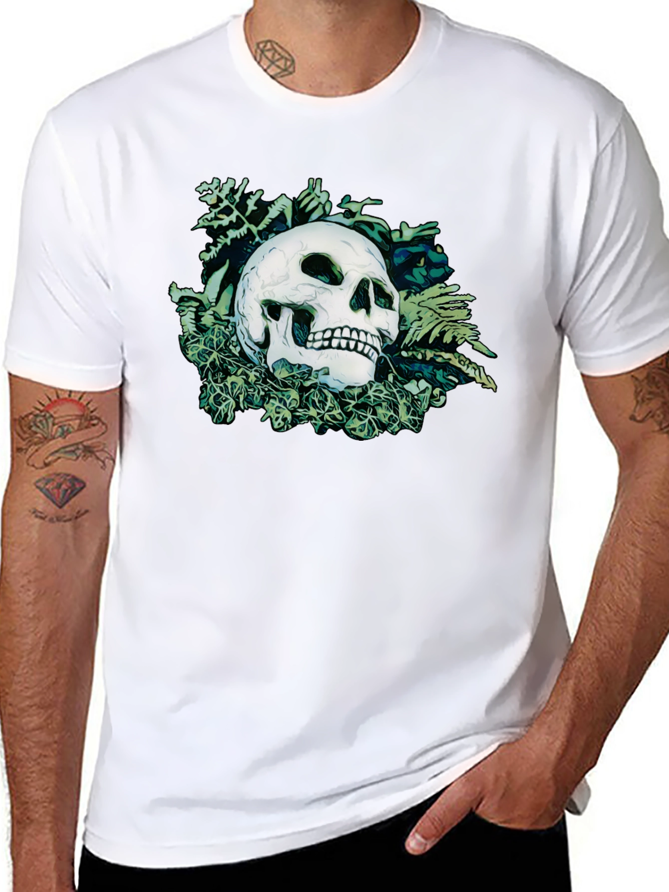 Skull and Botanical Print Black T-Shirt