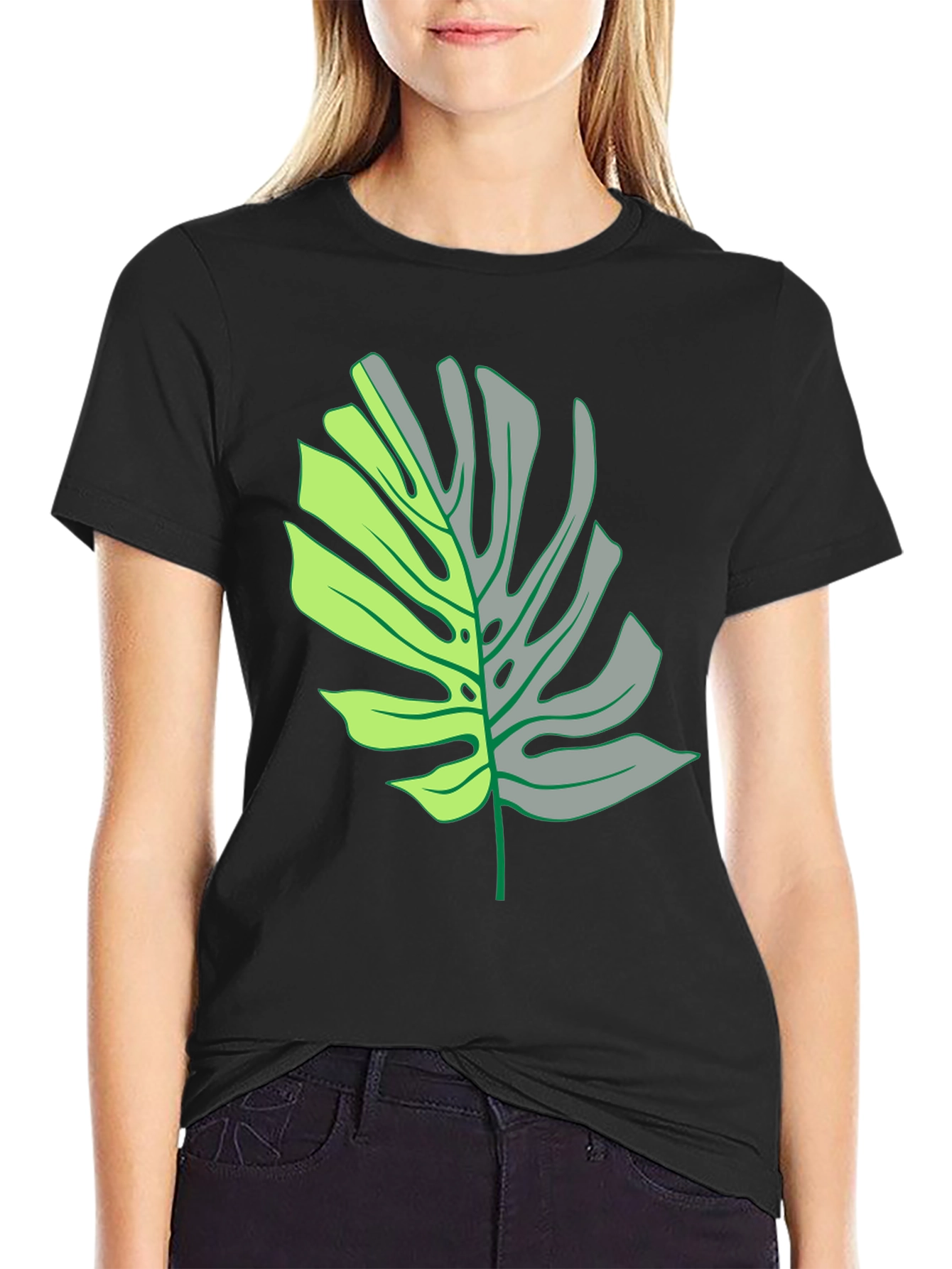 Monstera Leaf Graphic Tee - Black Casual T-Shirt