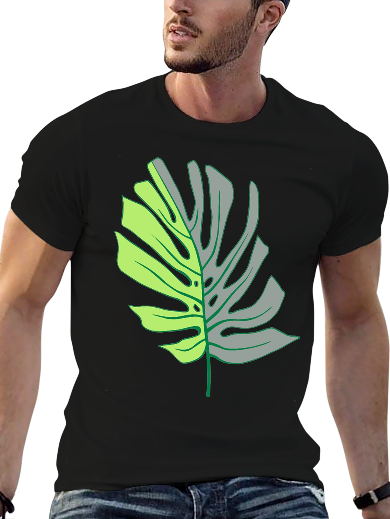 Monstera Leaf Graphic Tee - Black Casual T-Shirt
