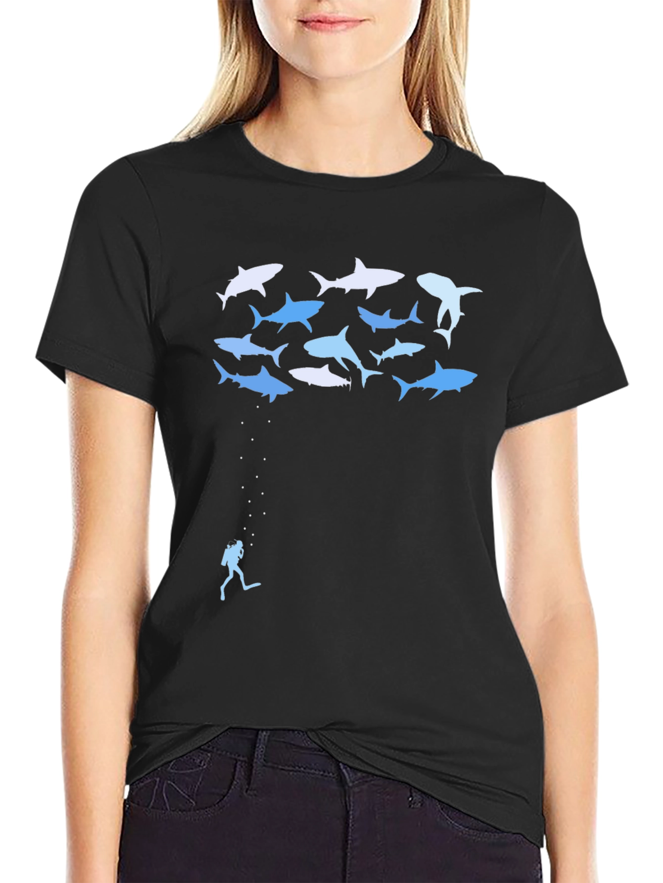 Shark Diver Graphic Tee - Black Cotton T-Shirt