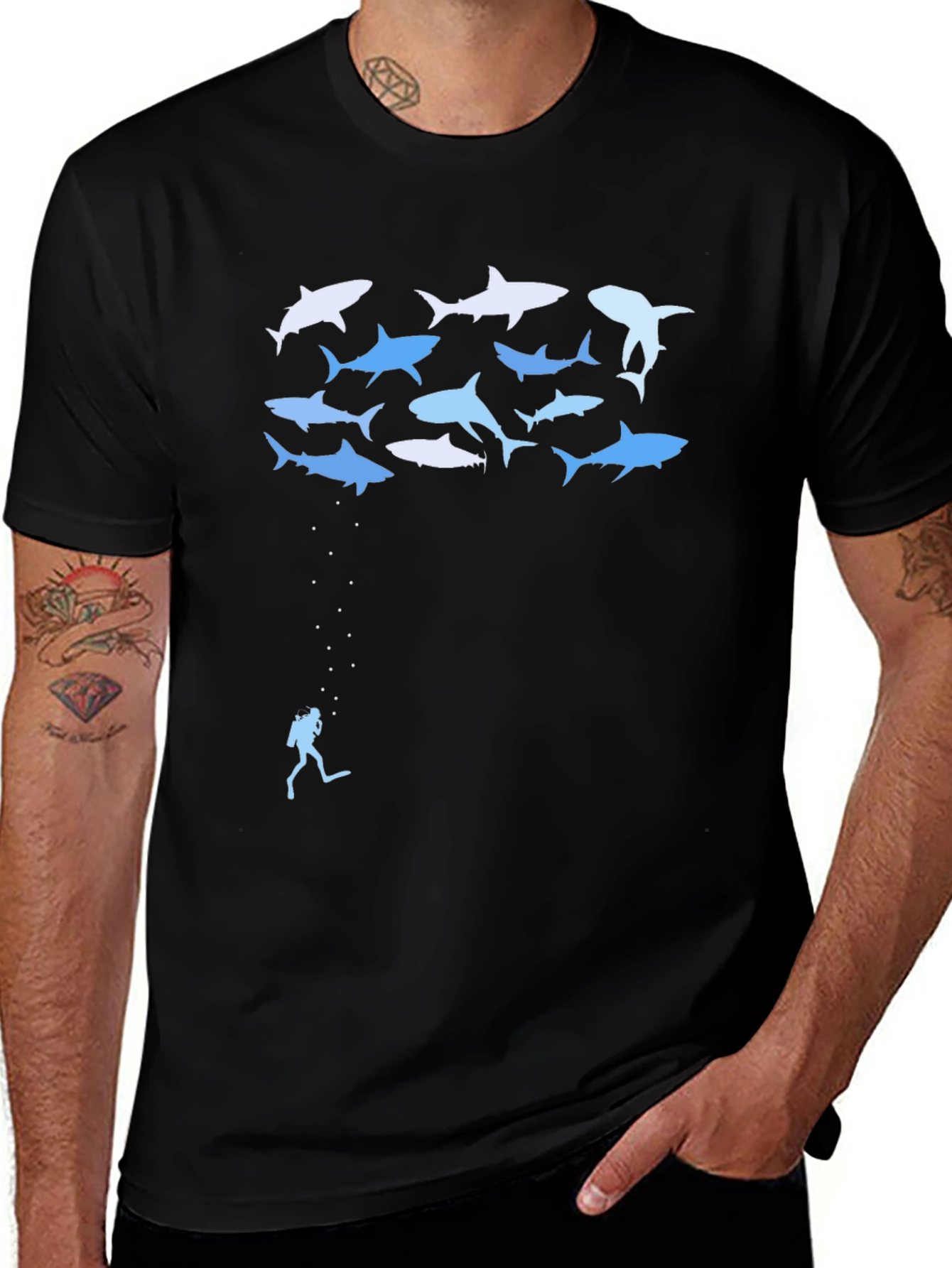 Shark Diver Graphic Tee - Black Cotton T-Shirt