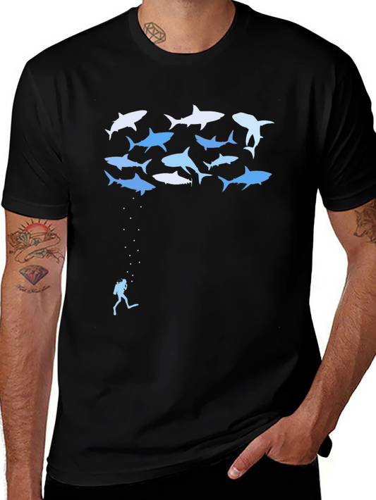 Shark Diver Graphic Tee - Black Cotton T-Shirt
