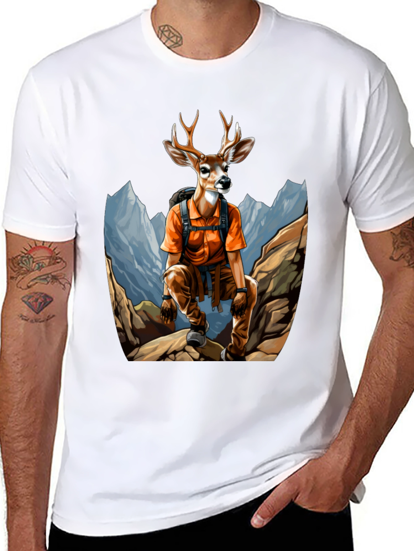 Hiking Deer Graphic T-Shirt - Black Cotton Tee