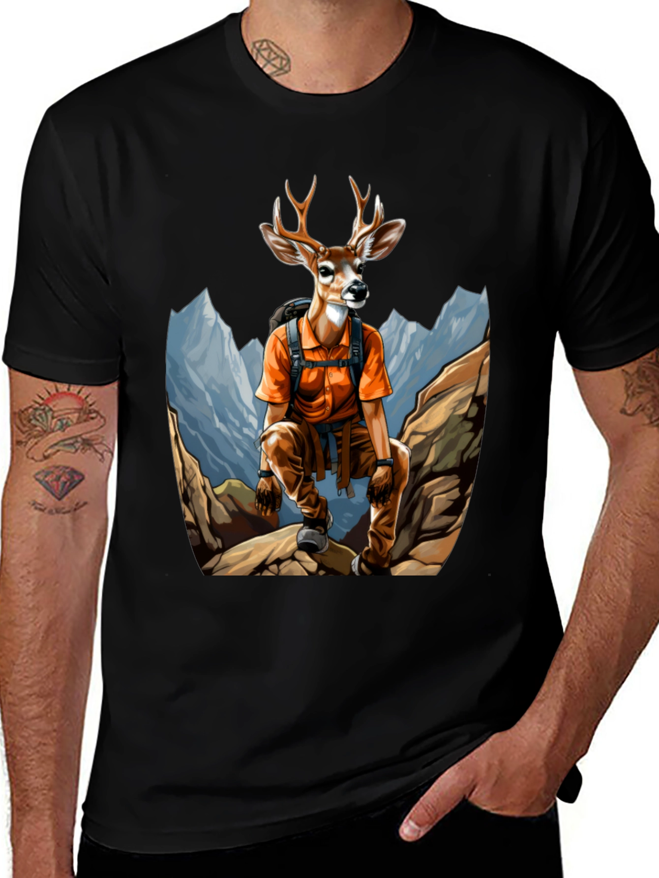 Hiking Deer Graphic T-Shirt - Black Cotton Tee