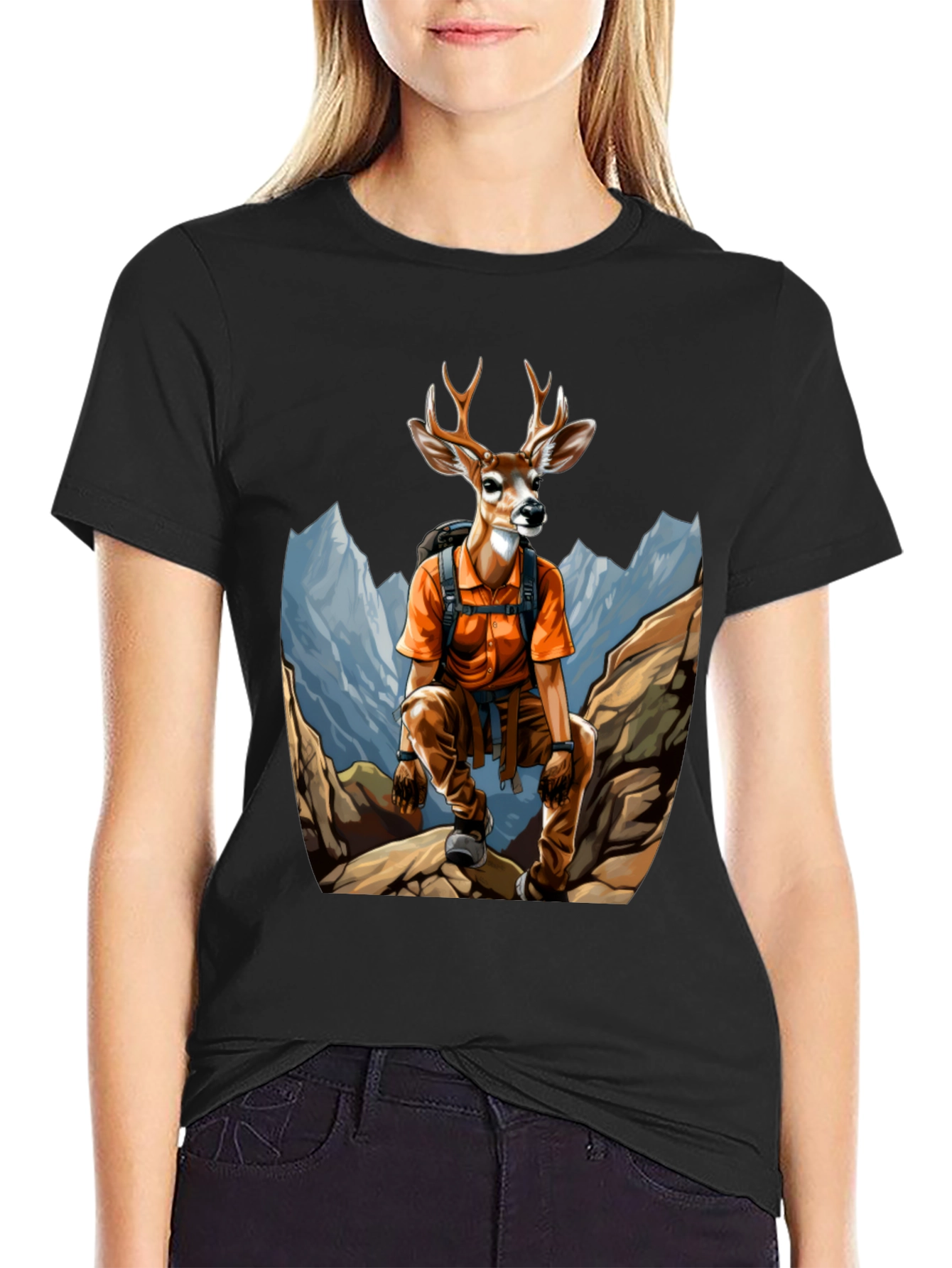 Hiking Deer Graphic T-Shirt - Black Cotton Tee
