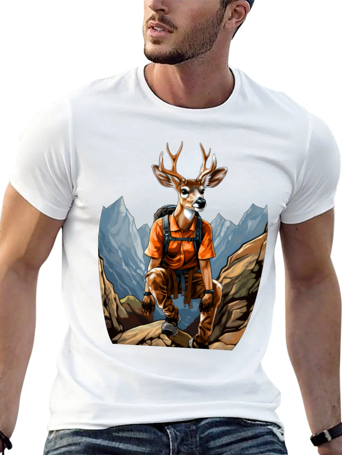Hiking Deer Graphic T-Shirt - Black Cotton Tee