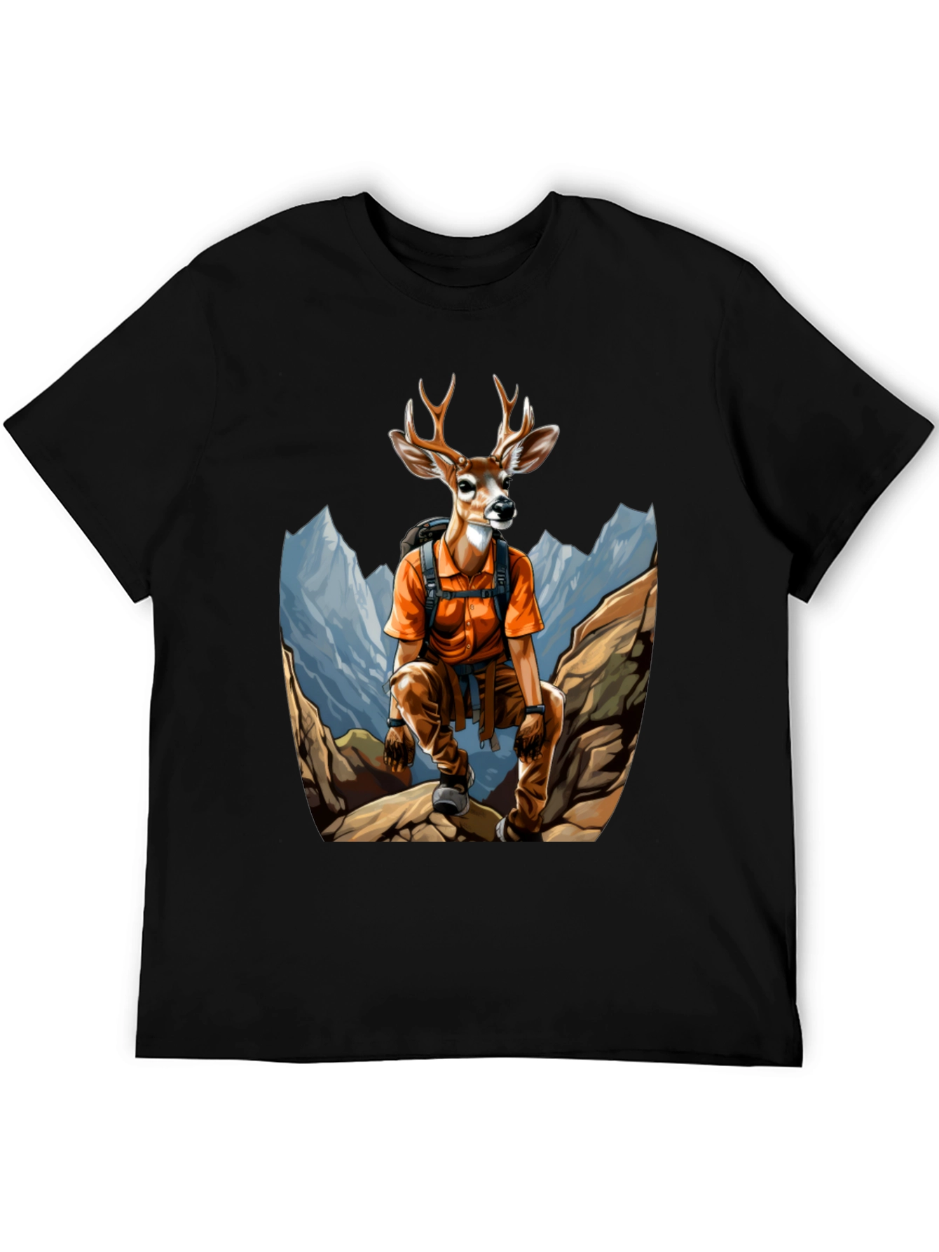 Hiking Deer Graphic T-Shirt - Black Cotton Tee