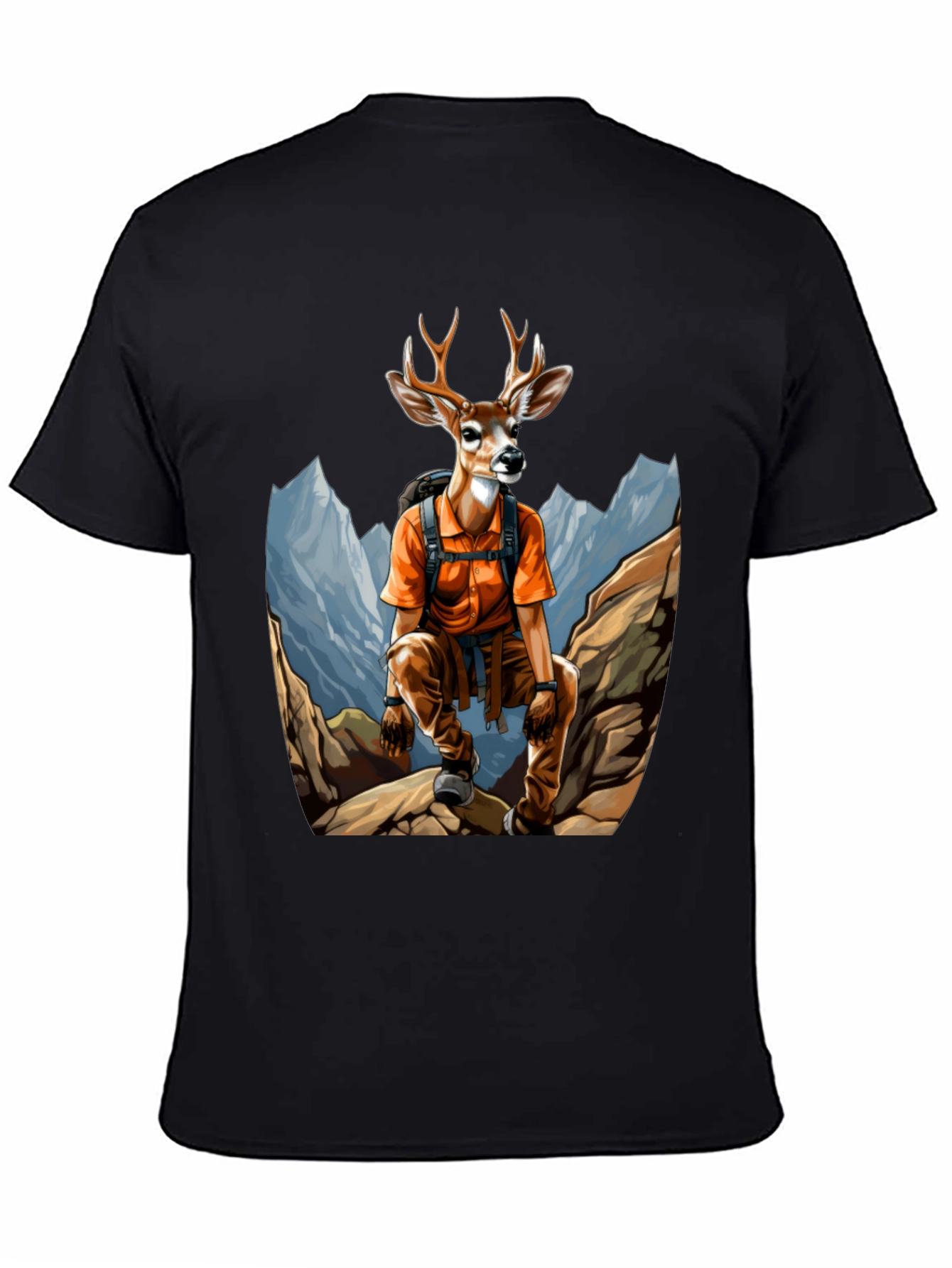 Hiking Deer Graphic T-Shirt - Black Cotton Tee