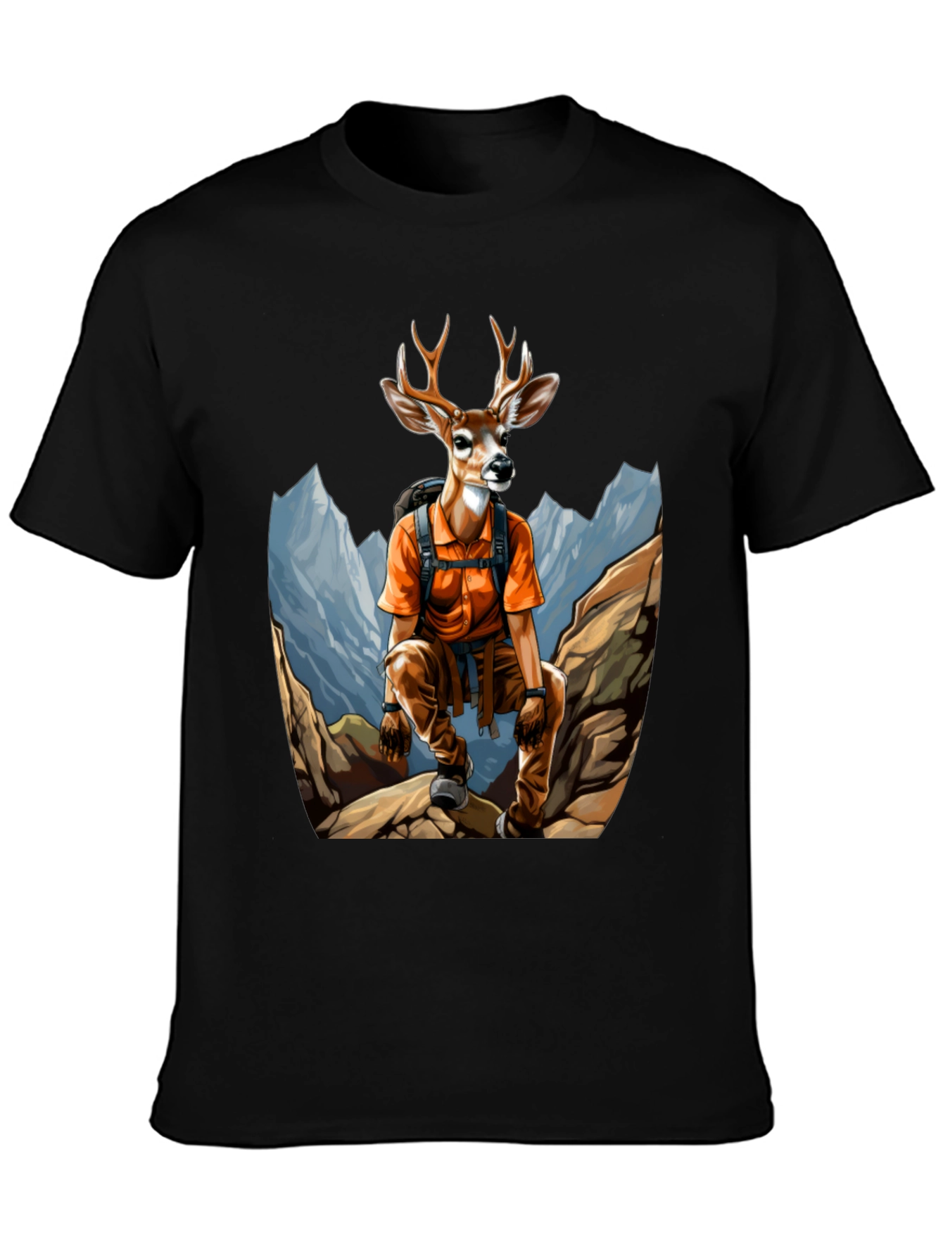 Hiking Deer Graphic T-Shirt - Black Cotton Tee