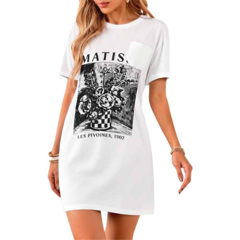 Matisse Les Pivoines 1907 Vintage Art T-Shirt Dress | Floral Museum-Inspired Graphic Tee(z1022)