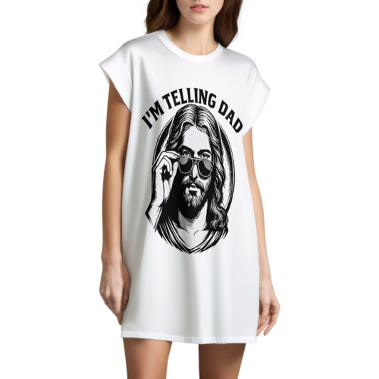 I’m Telling Dad Funny Christian Graphic T-Shirt | Faith-Based Humor Jesus Sunglasses Tee(z997)