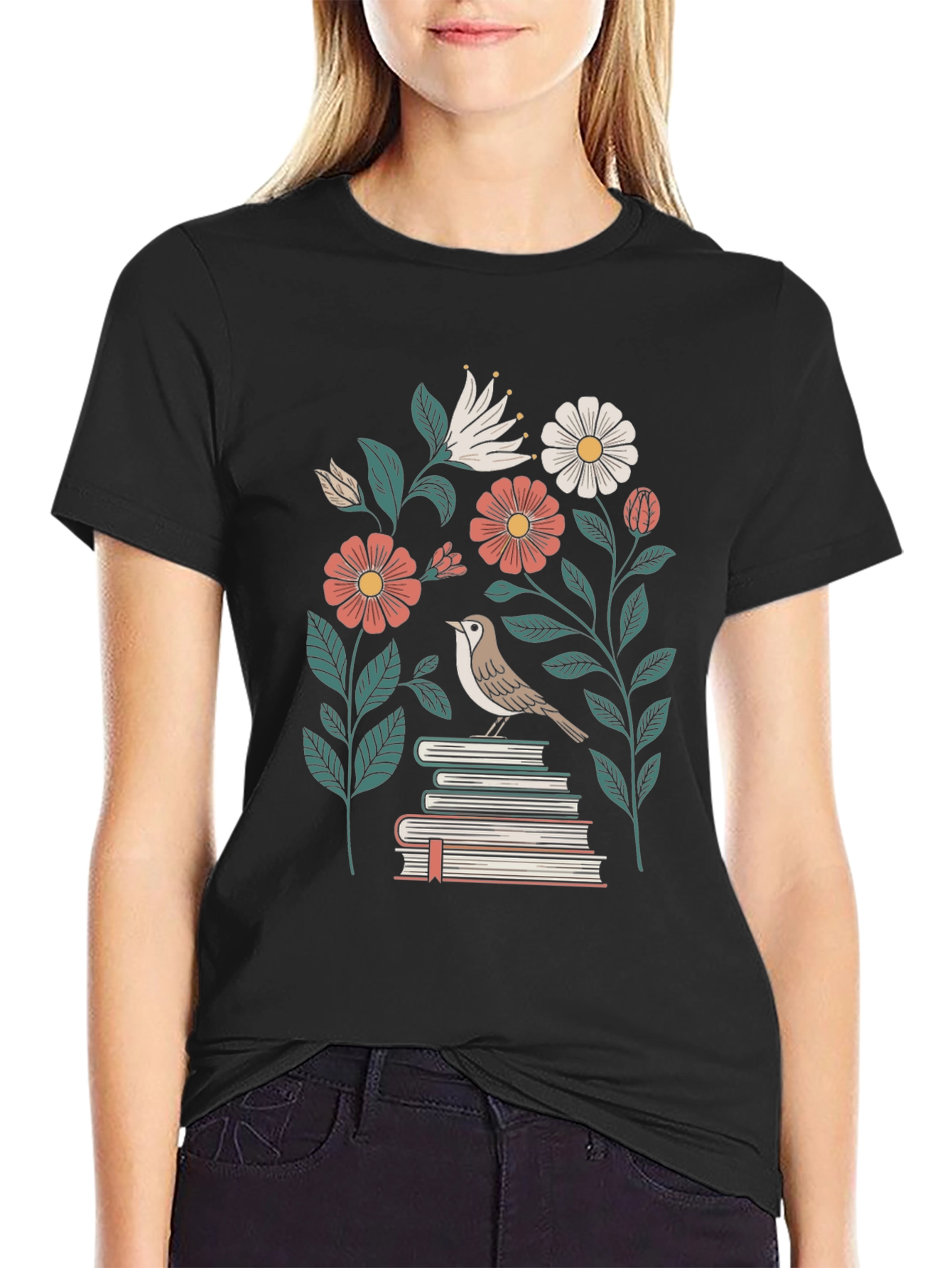 Floral Bird on Books Graphic Tee