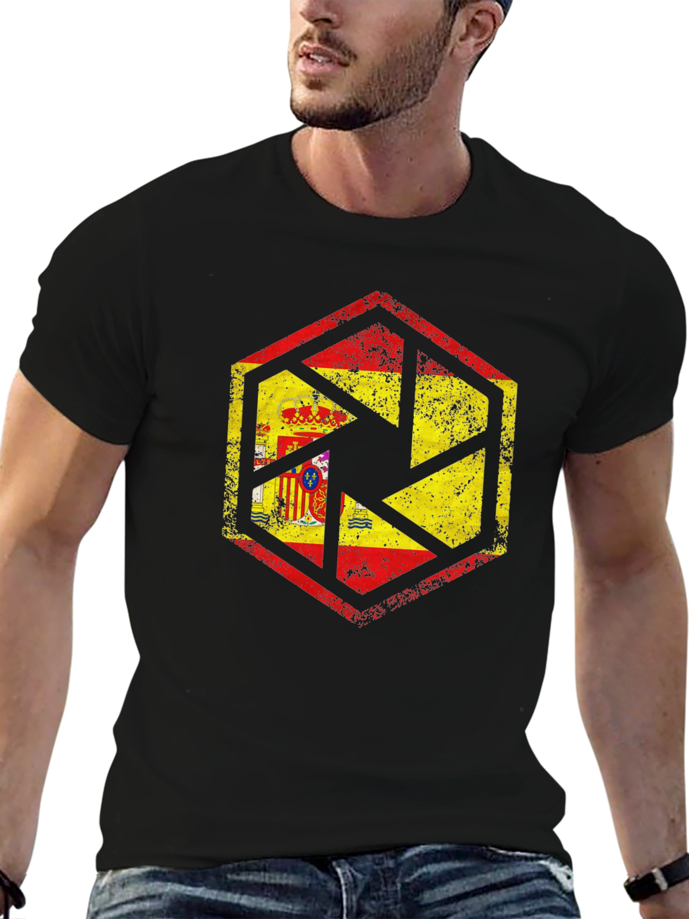 Spain Flag Camera Aperture Mens Black T-Shirt