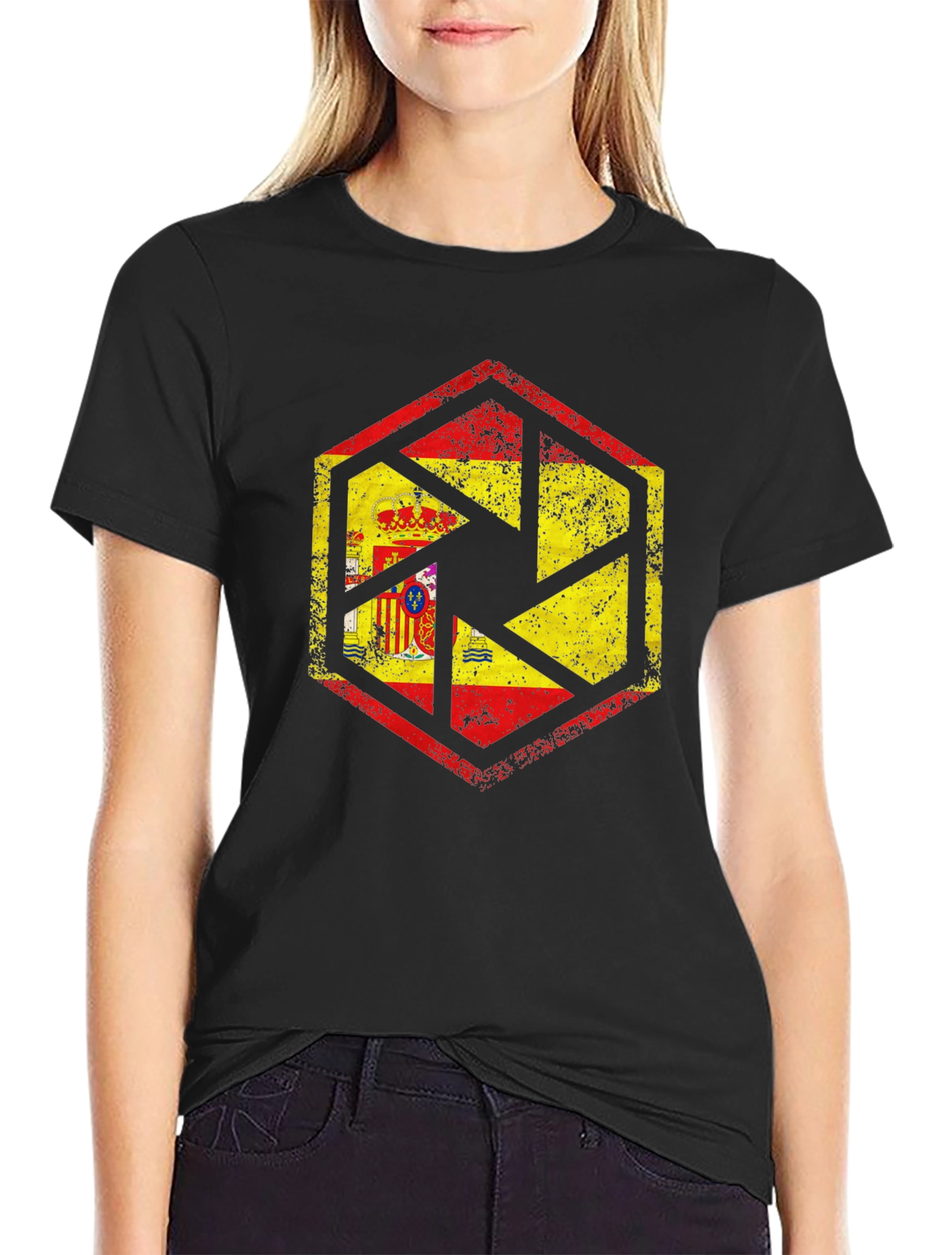 Spain Flag Camera Aperture Mens Black T-Shirt