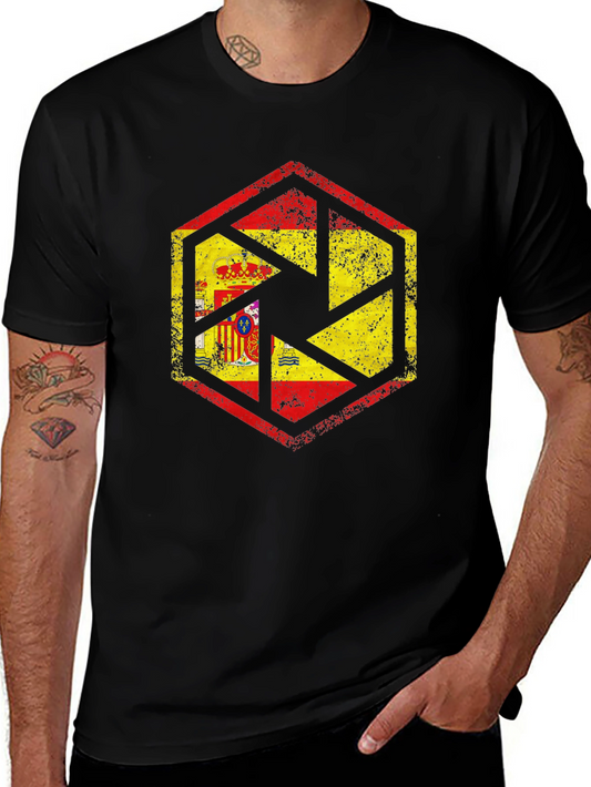 Spain Flag Camera Aperture Mens Black T-Shirt