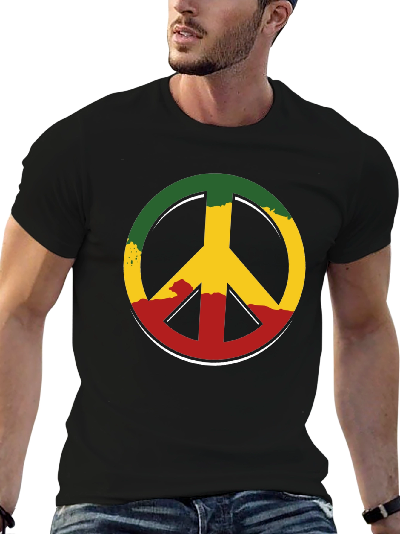 Rasta Peace Sign Graphic Tee - Casual Black T-Shirt