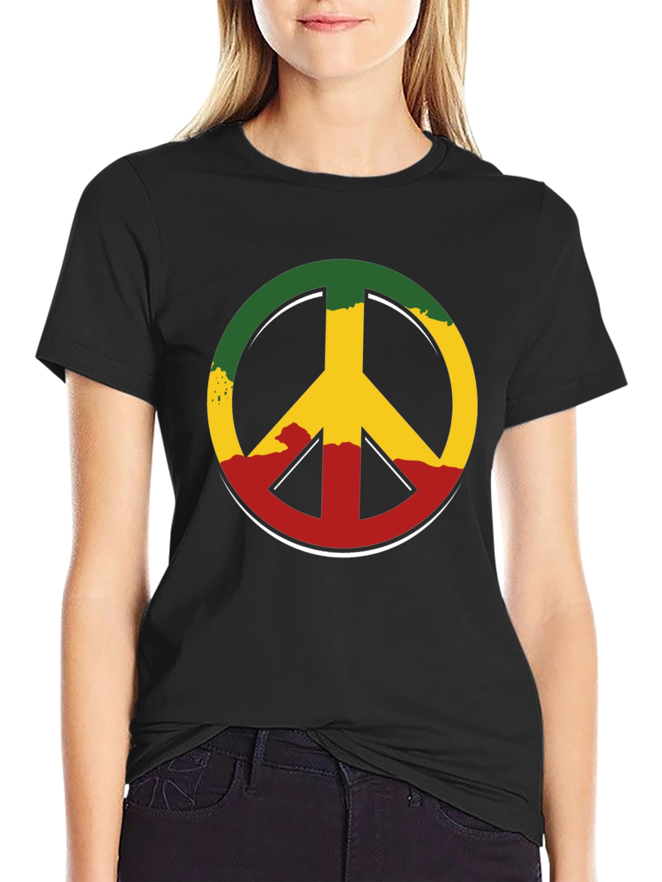 Rasta Peace Sign Graphic Tee - Casual Black T-Shirt