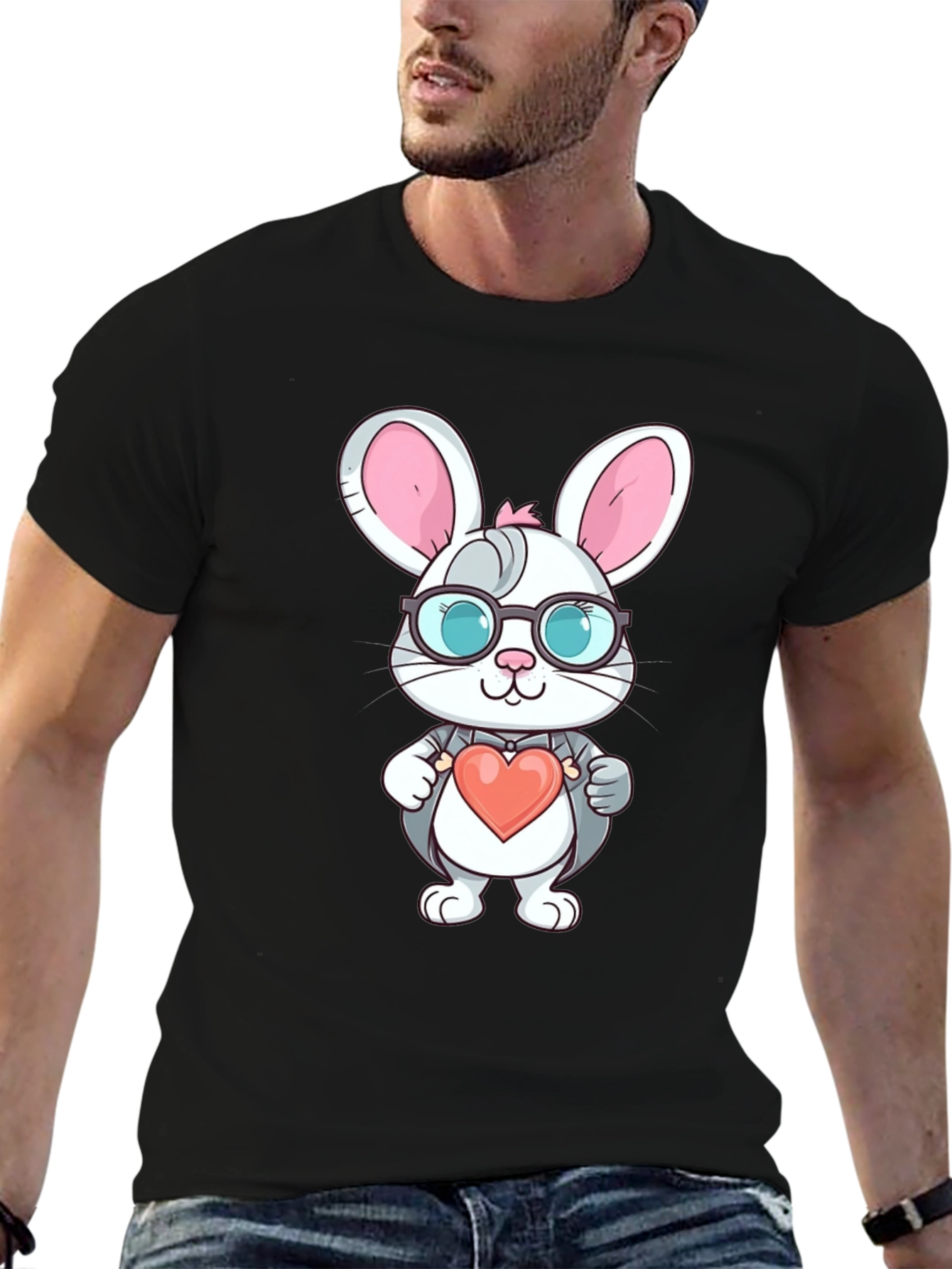 Cute Bunny Heart Valentines Black T-Shirt