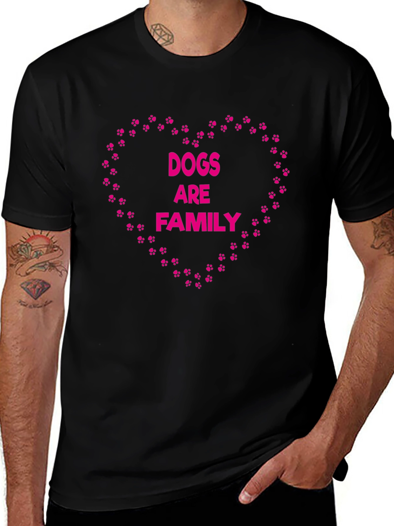 Dogs Are Family Paw Print Heart Black T-Shirt