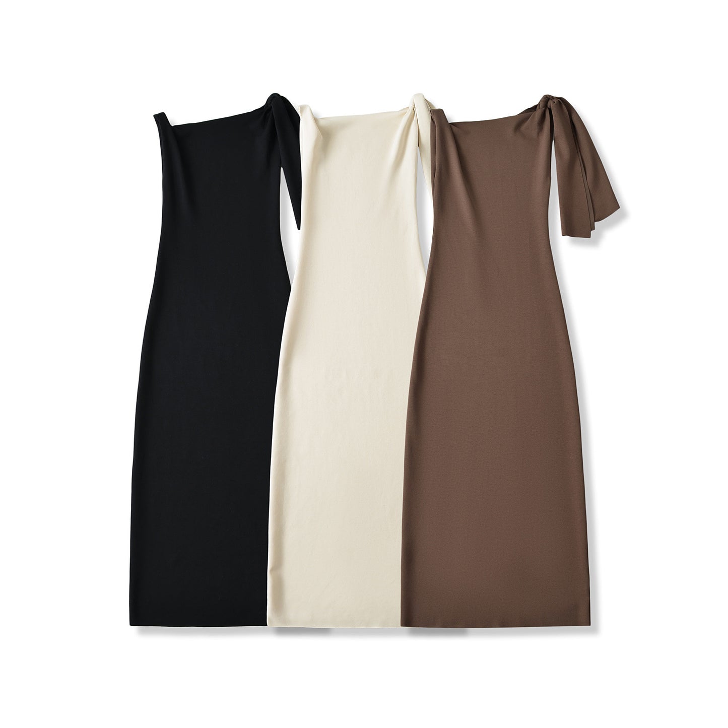 Asymmetrical sloping neckline flared sleeves off-shoulder dress