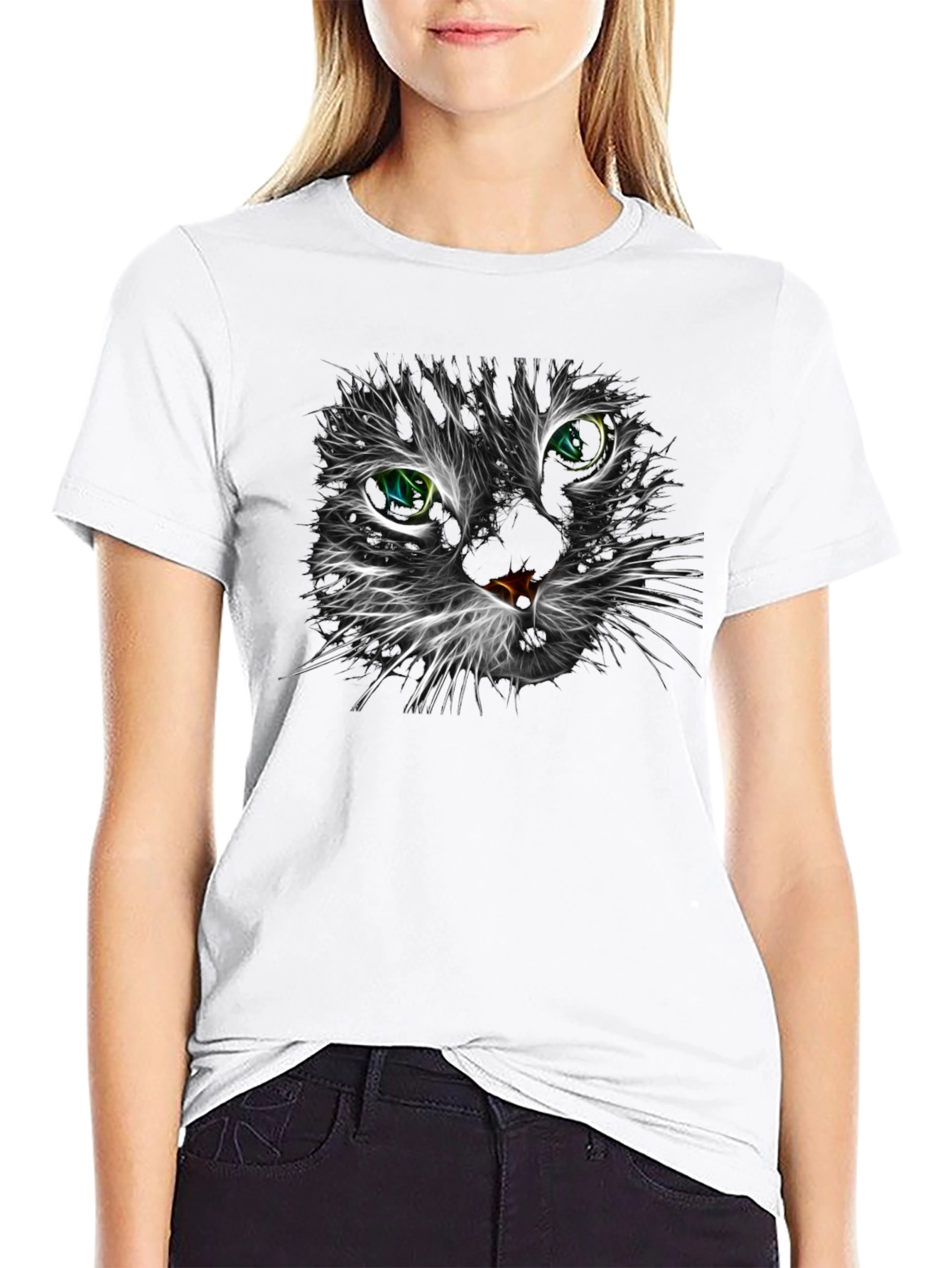 Neon Cat Face Graphic Black T-Shirt