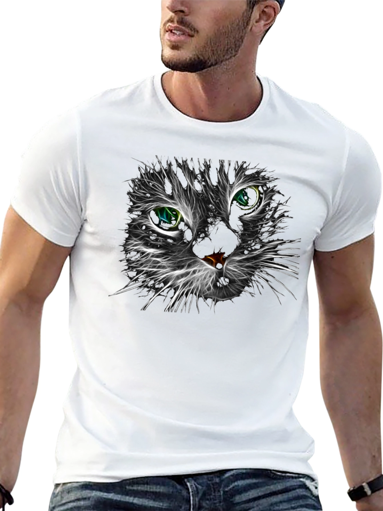 Neon Cat Face Graphic Black T-Shirt