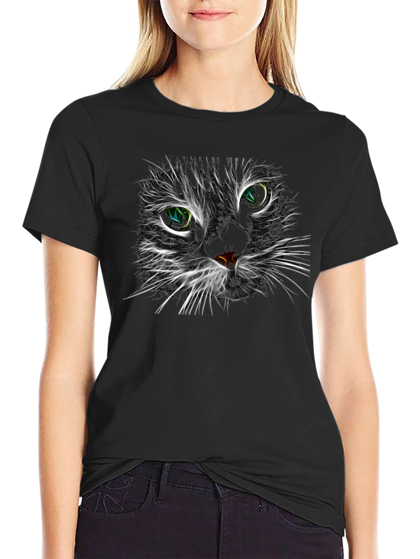 Neon Cat Face Graphic Black T-Shirt