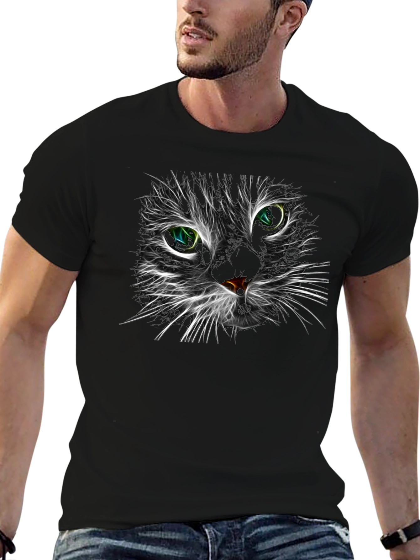 Neon Cat Face Graphic Black T-Shirt