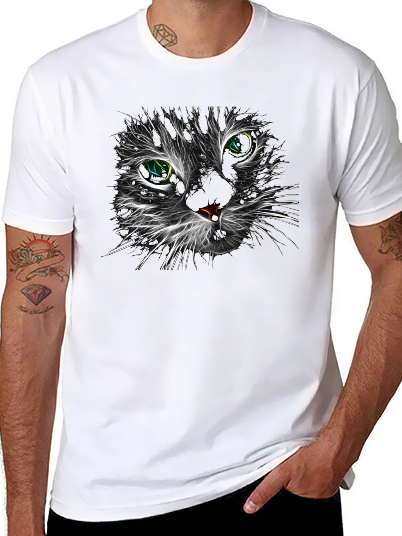 Neon Cat Face Graphic Black T-Shirt
