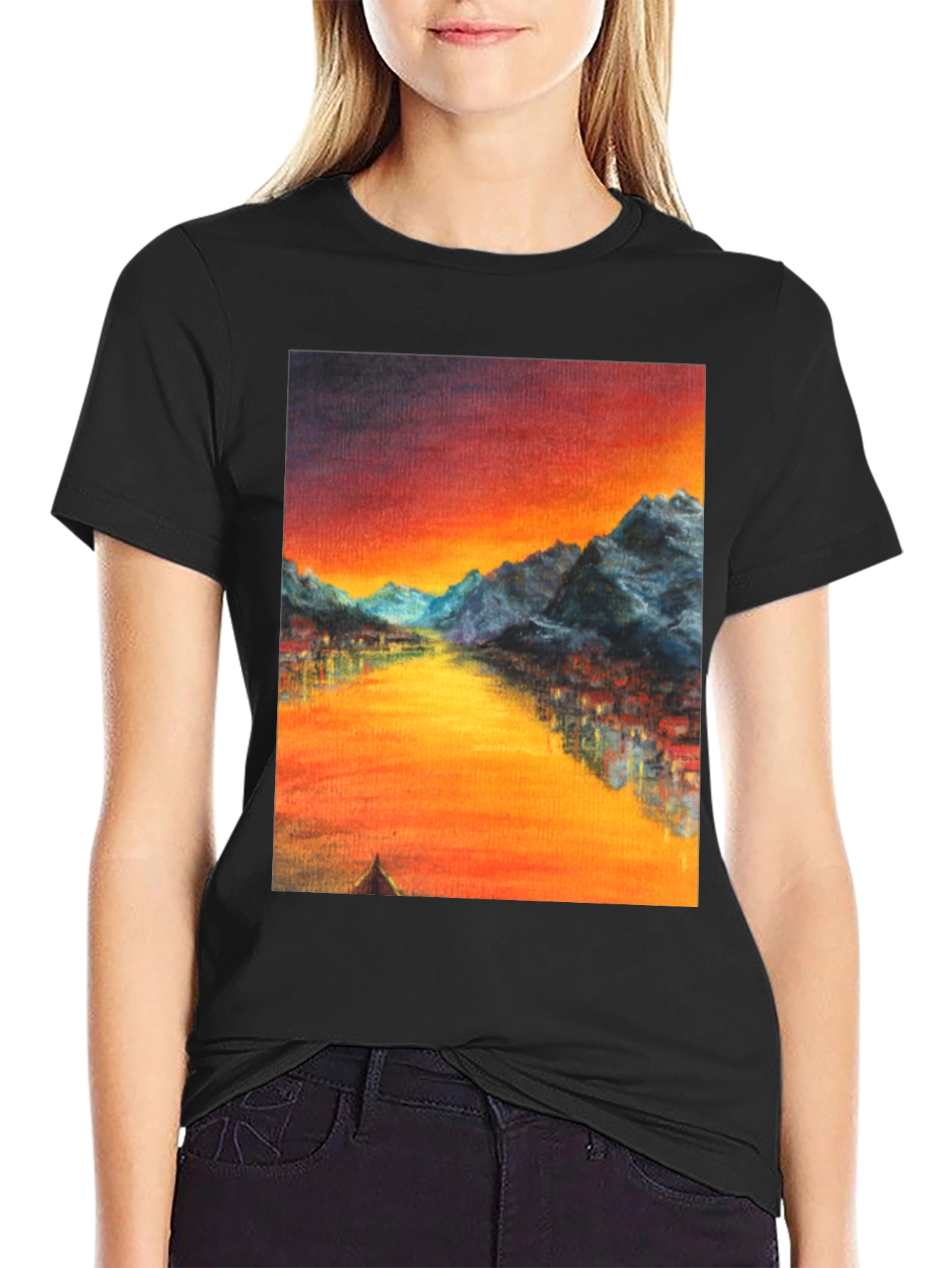 Sunset Mountain River Graphic Tee - Black