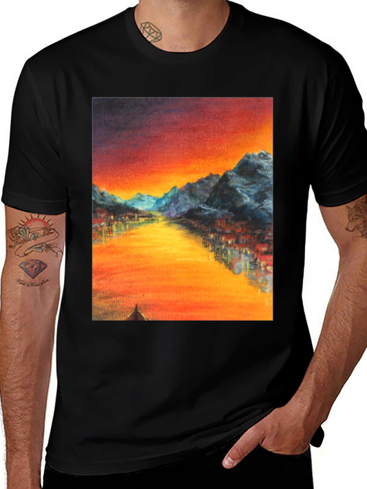 Sunset Mountain River Graphic Tee - Black
