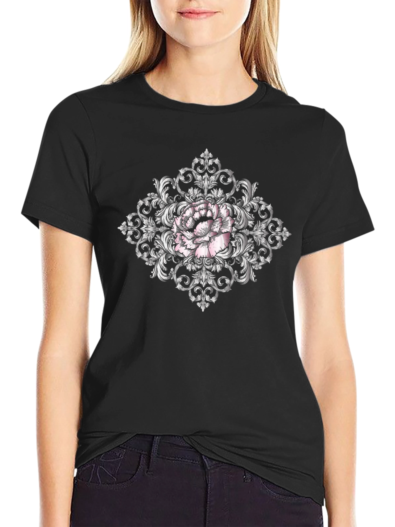 Ornate Floral Print Black T-Shirt