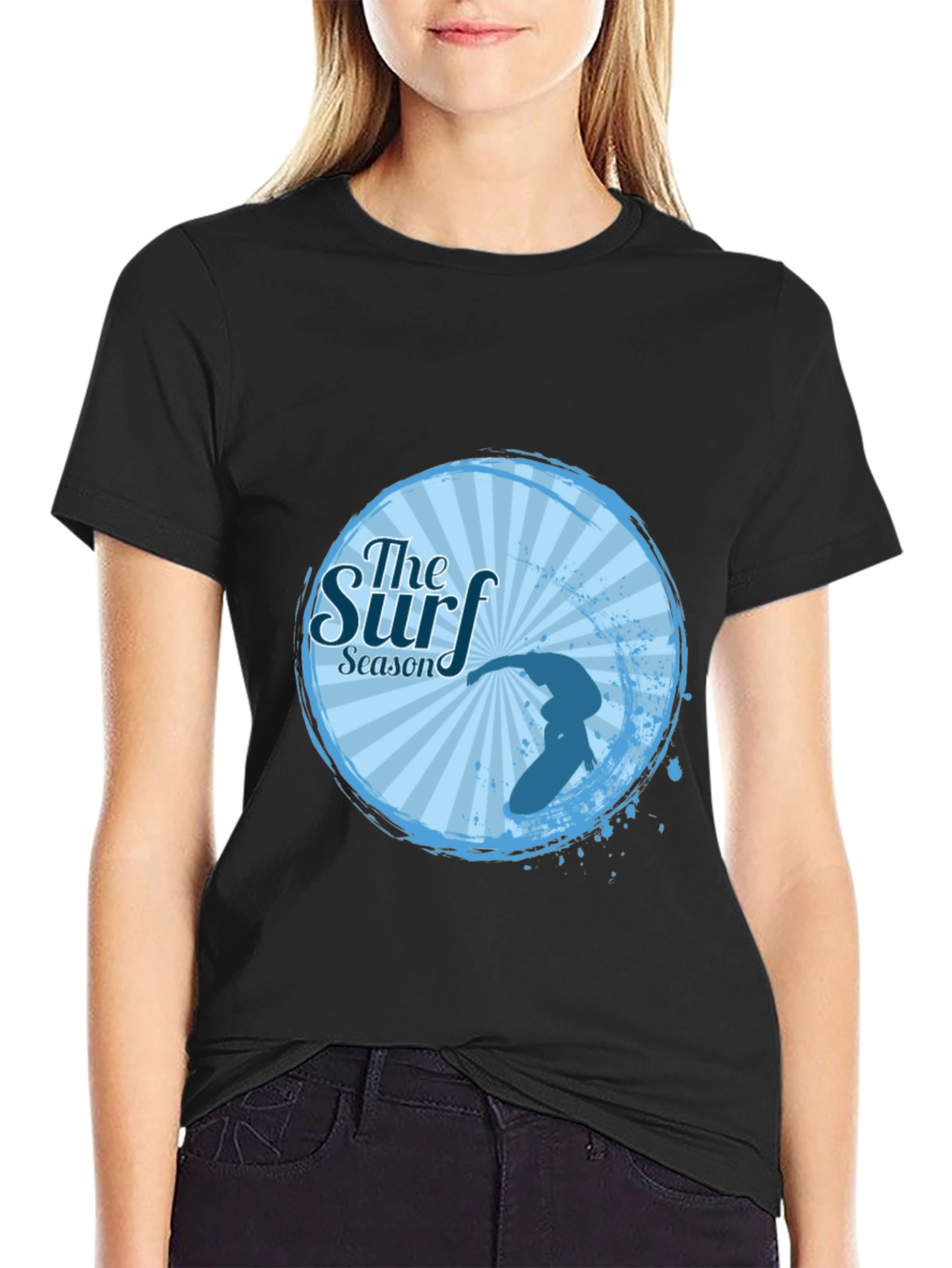 Surf Season Black T-Shirt Surfer Design