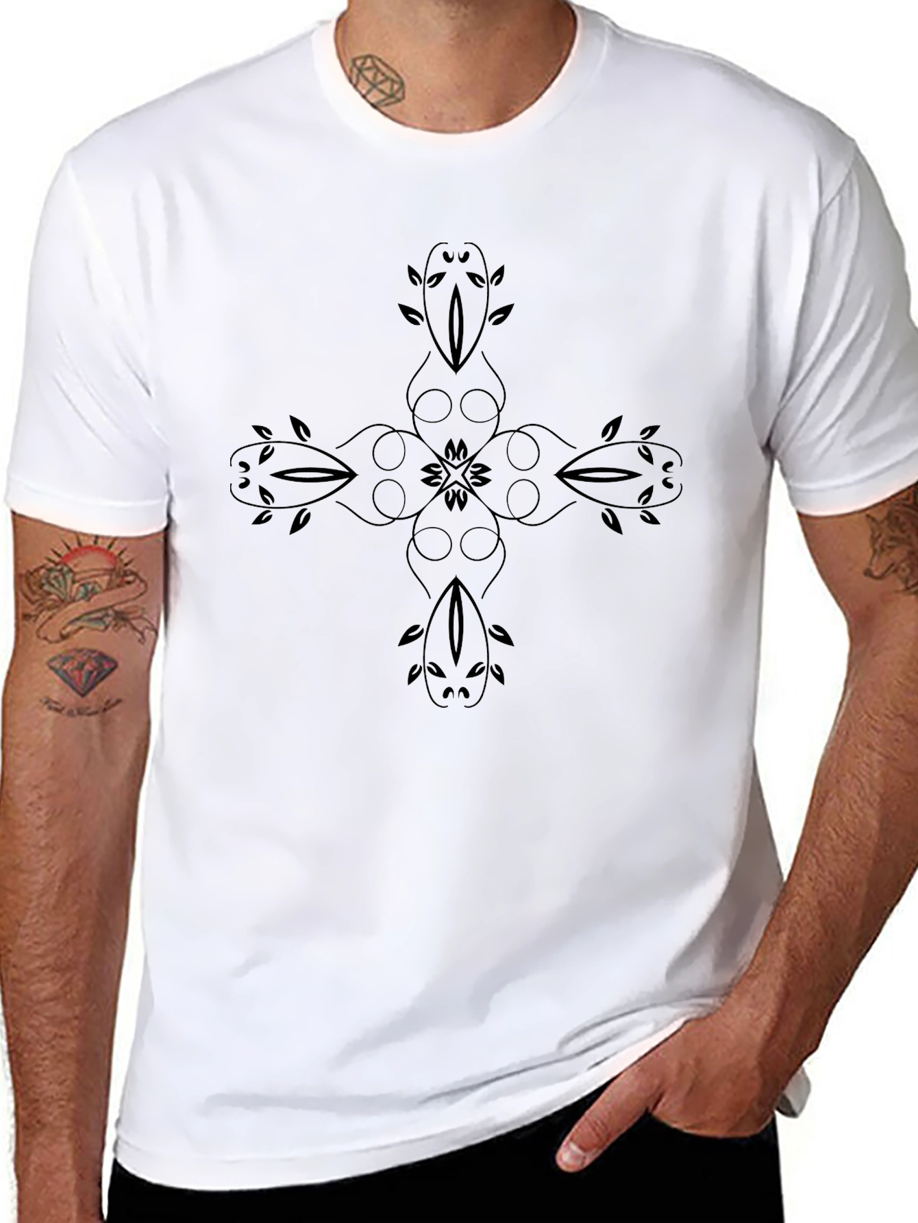 Elegant Black T-Shirt with Floral Cross Design