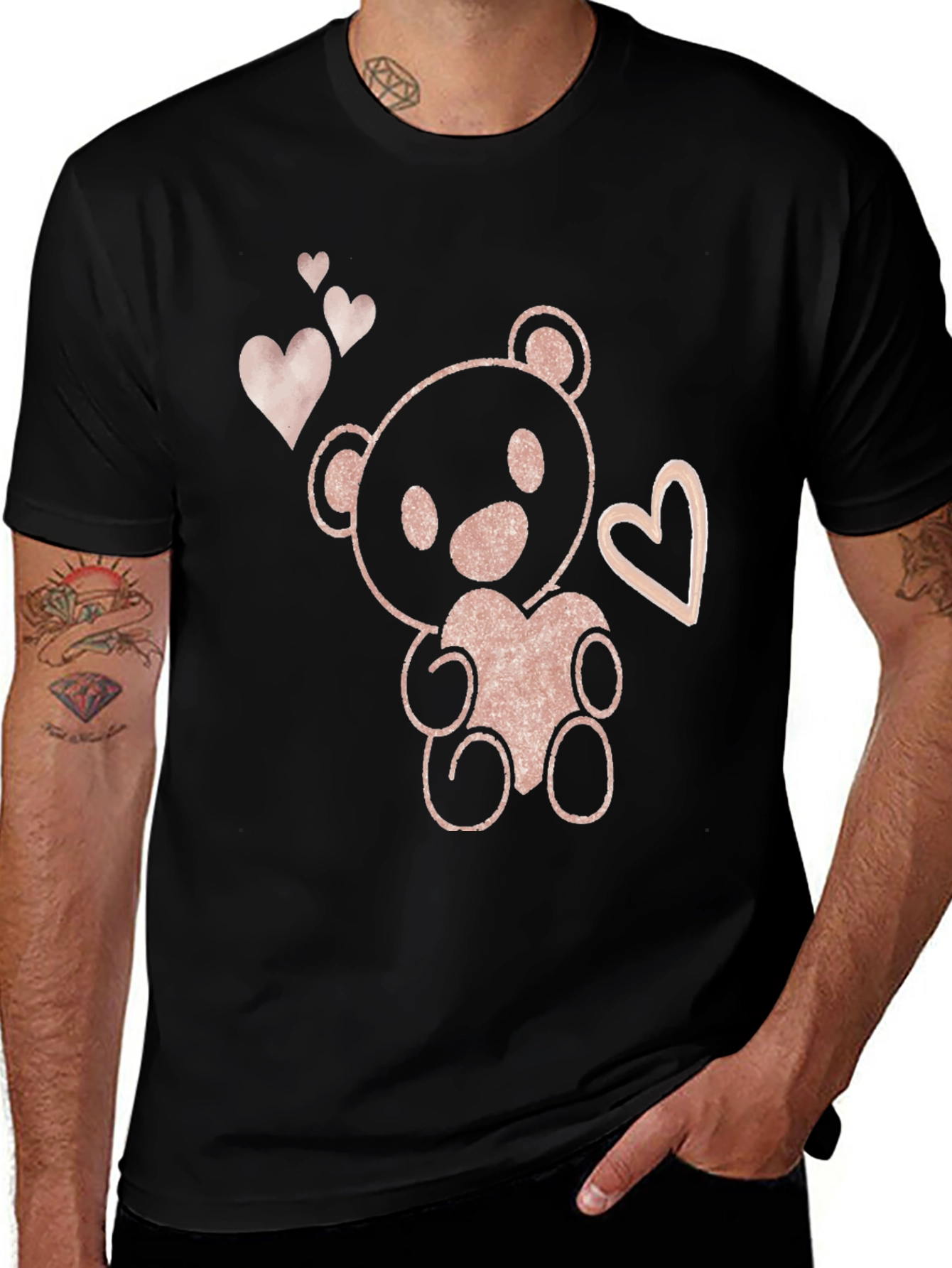 Cute Teddy Bear Heart Graphic Tee - Black