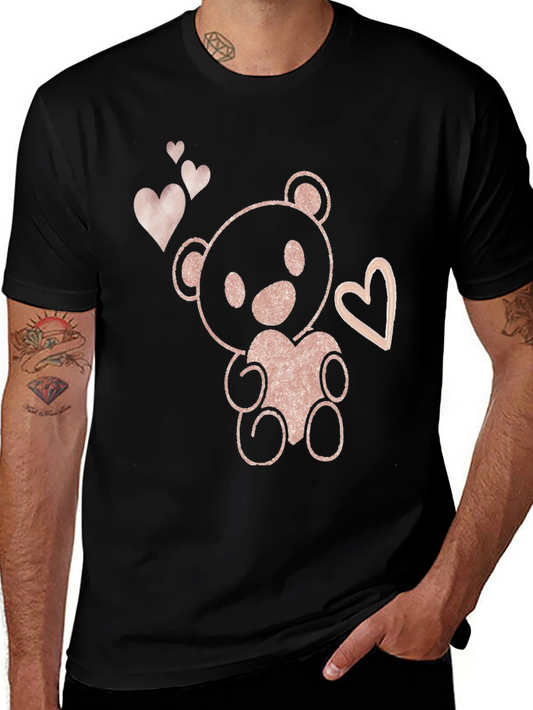 Cute Teddy Bear Heart Graphic Tee - Black