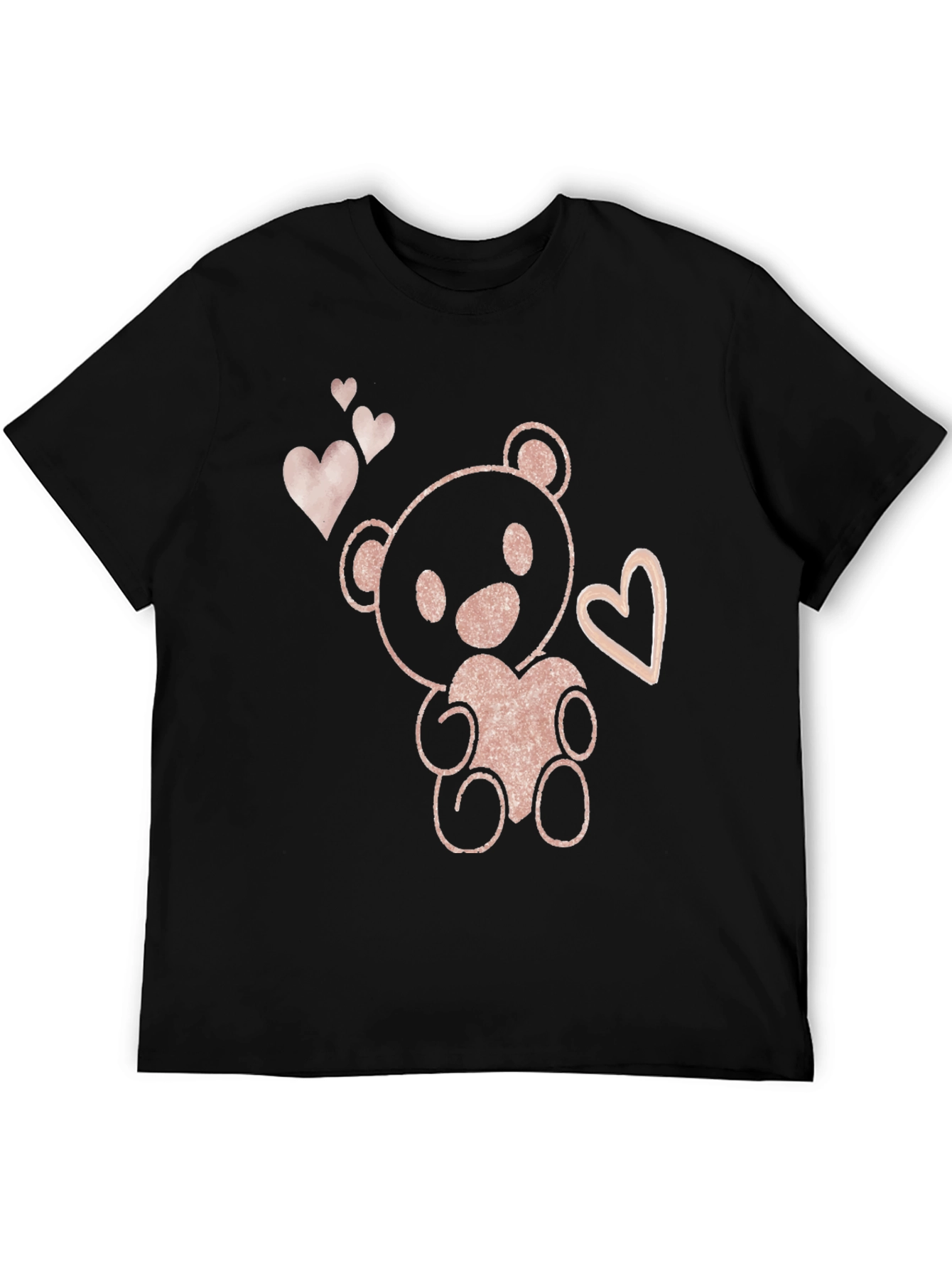 Cute Teddy Bear Heart Graphic Tee - Black