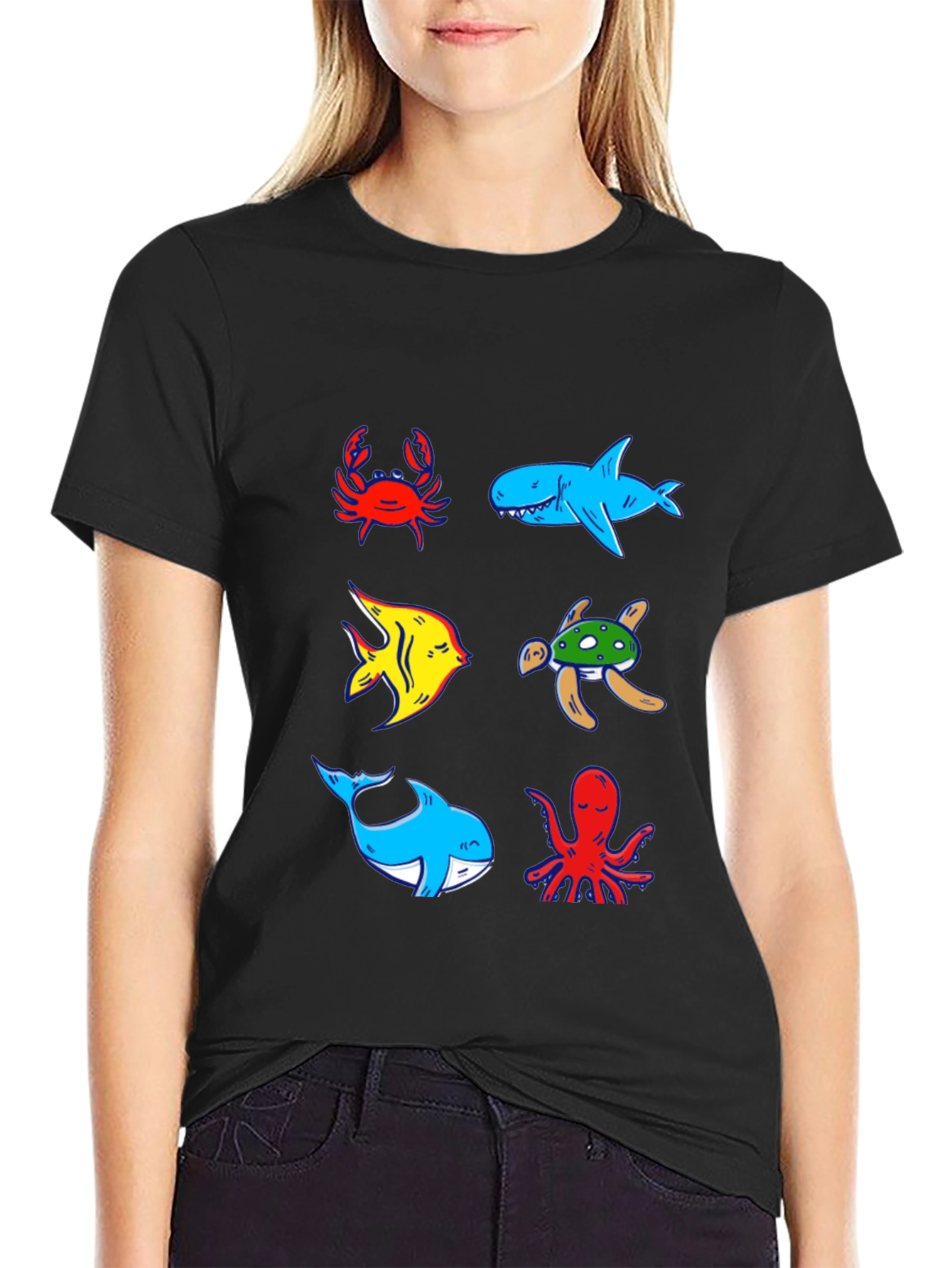 Ocean Animal Graphic Tee - Black Cotton T-Shirt