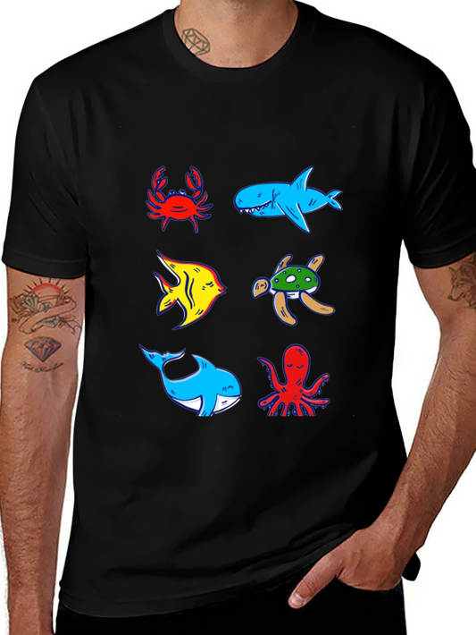 Ocean Animal Graphic Tee - Black Cotton T-Shirt