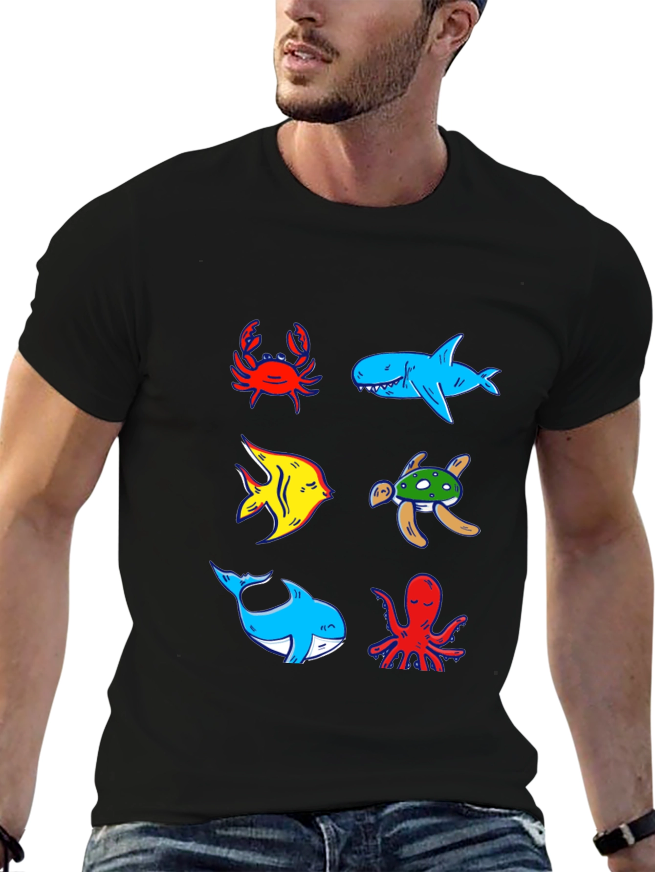 Ocean Animal Graphic Tee - Black Cotton T-Shirt