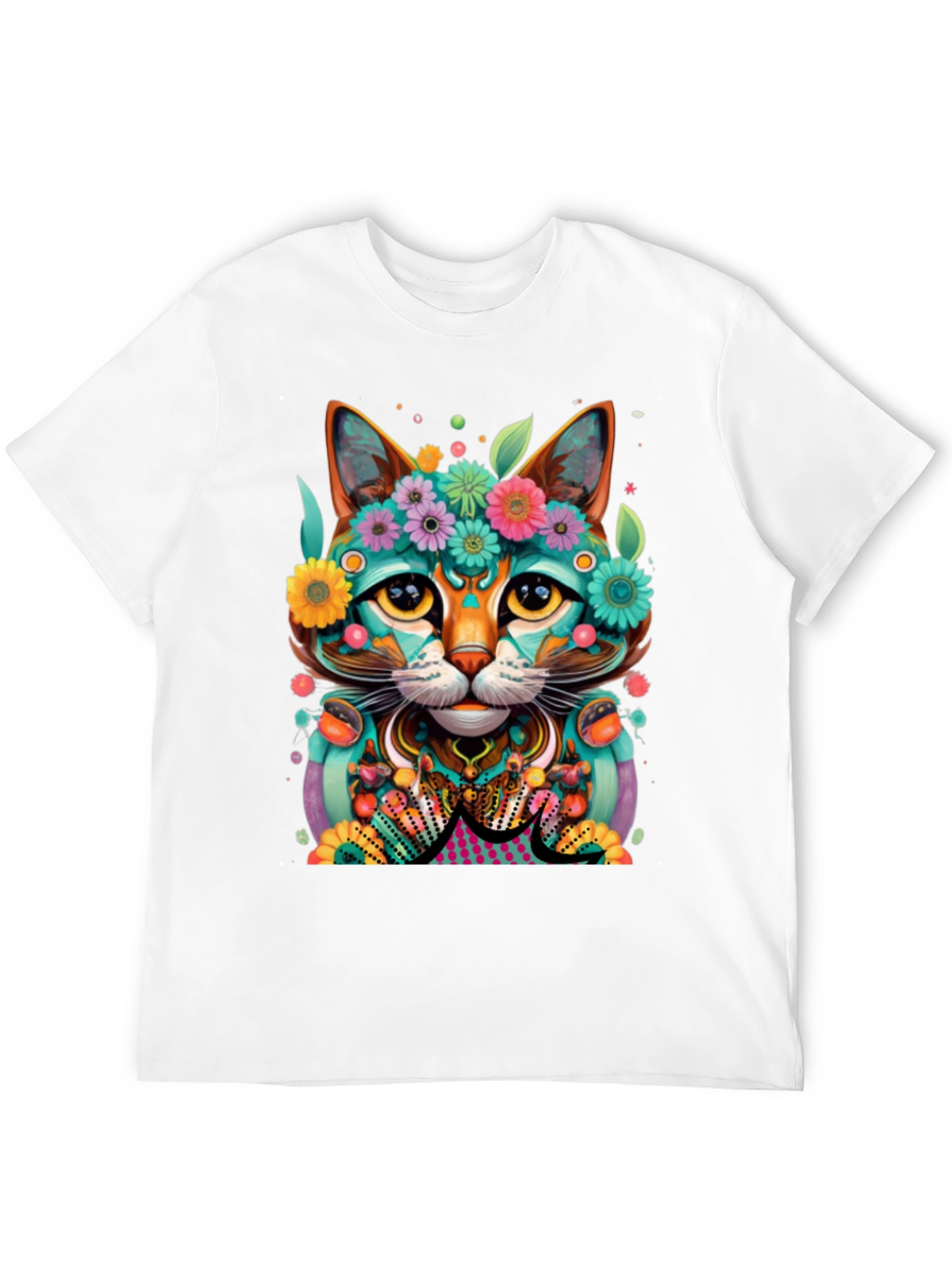 Floral Cat T-Shirt - Vibrant Graphic Tee