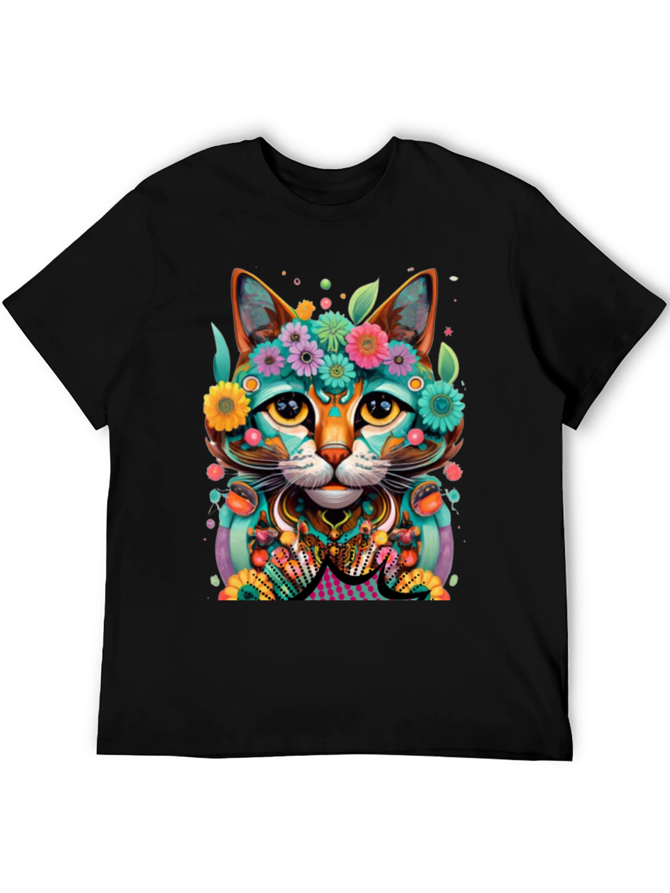 Floral Cat T-Shirt - Vibrant Graphic Tee