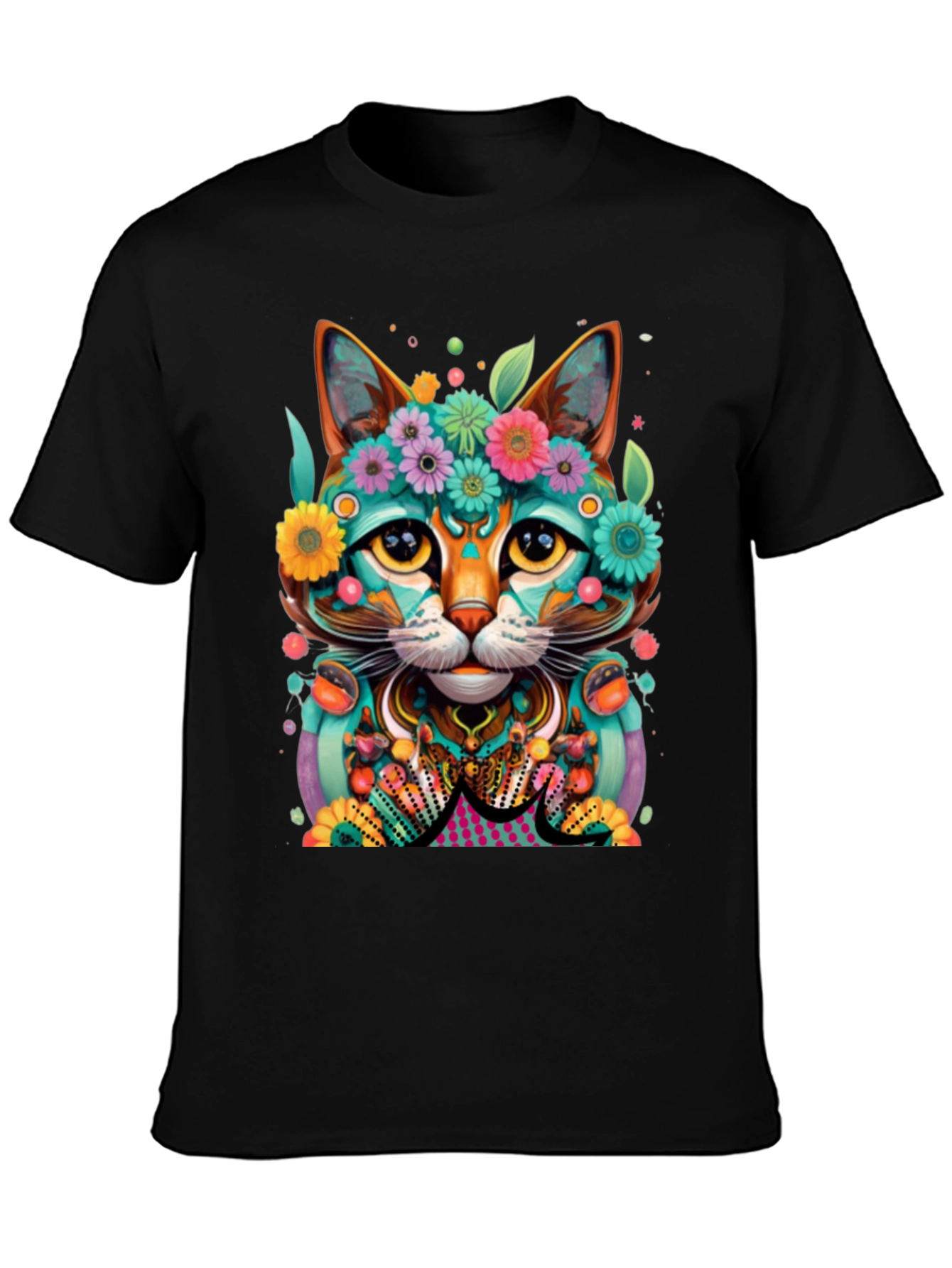 Floral Cat T-Shirt - Vibrant Graphic Tee