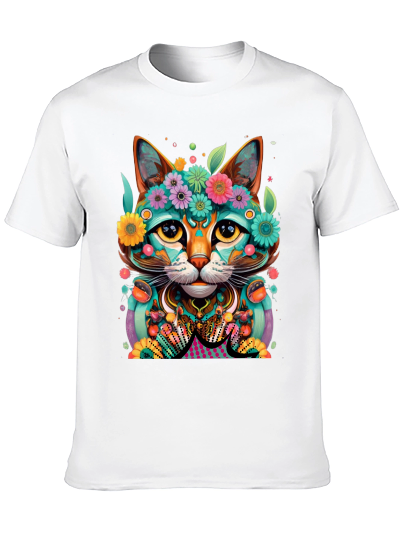 Floral Cat T-Shirt - Vibrant Graphic Tee