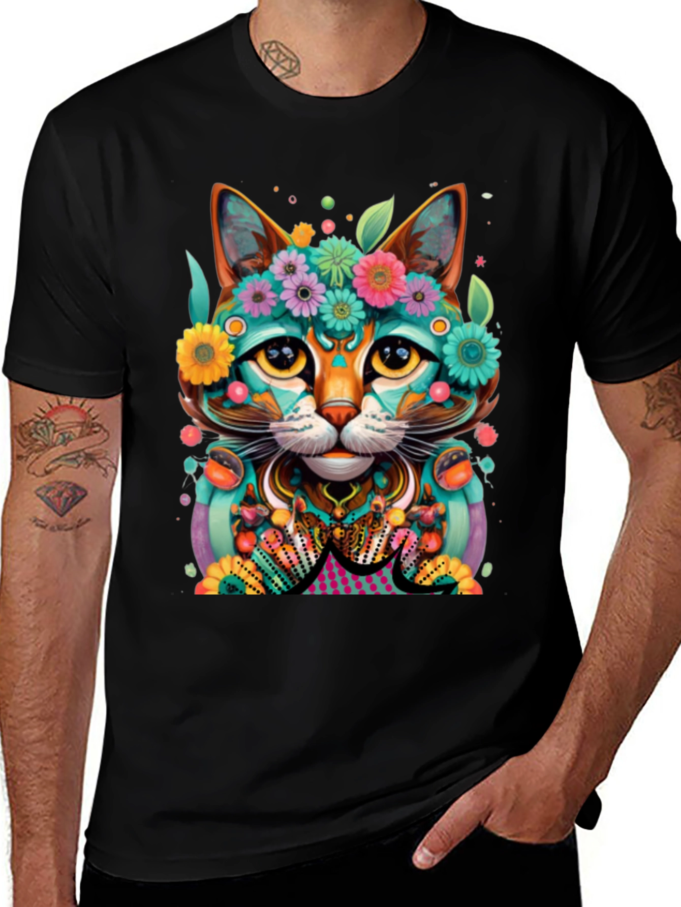 Floral Cat T-Shirt - Vibrant Graphic Tee