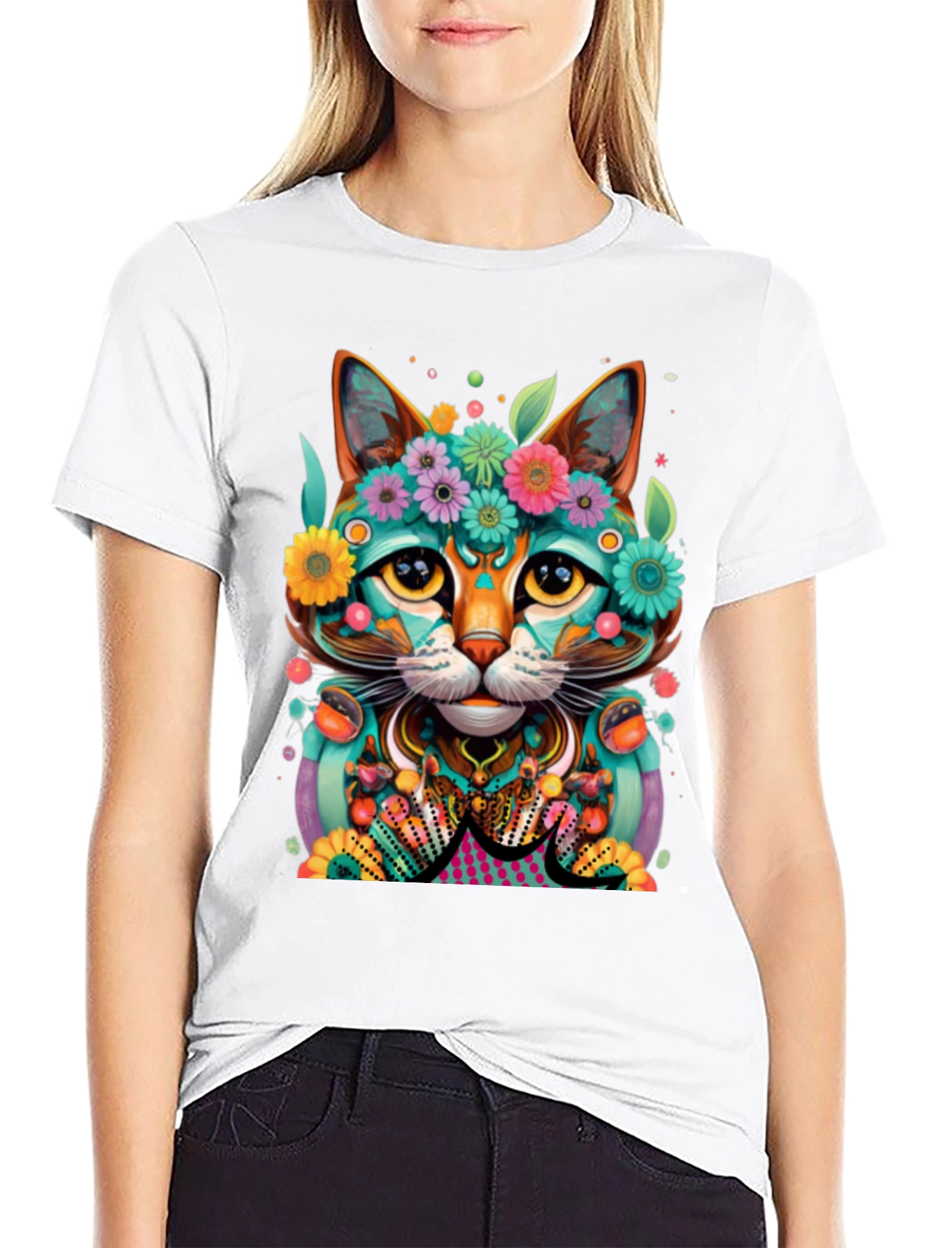 Floral Cat T-Shirt - Vibrant Graphic Tee